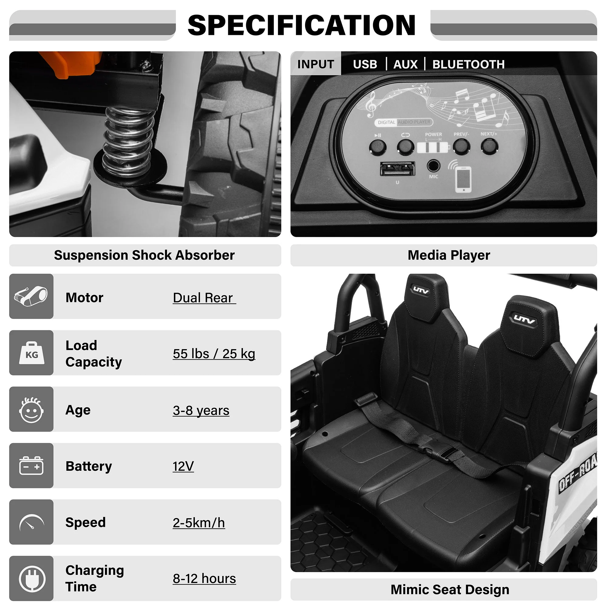 12V 2WD UTV Buggy 1 Seater Ride-On Car with Parental Remote Control, Working Doors and LED Lights - Image 6
