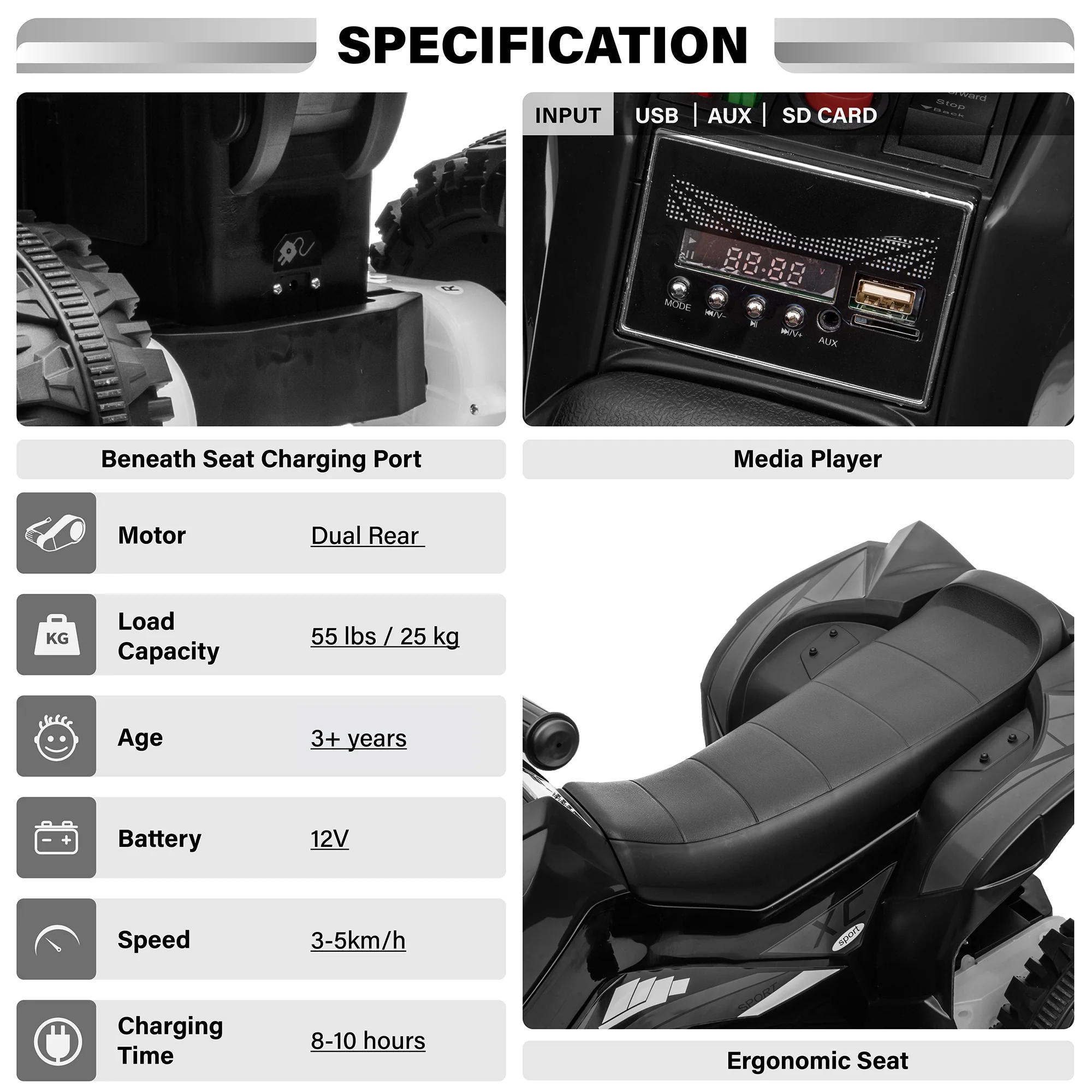 12V ATV Off-Road Ride On Car Toy for Kids with Realistic Lights and MP3 Player - Image 5