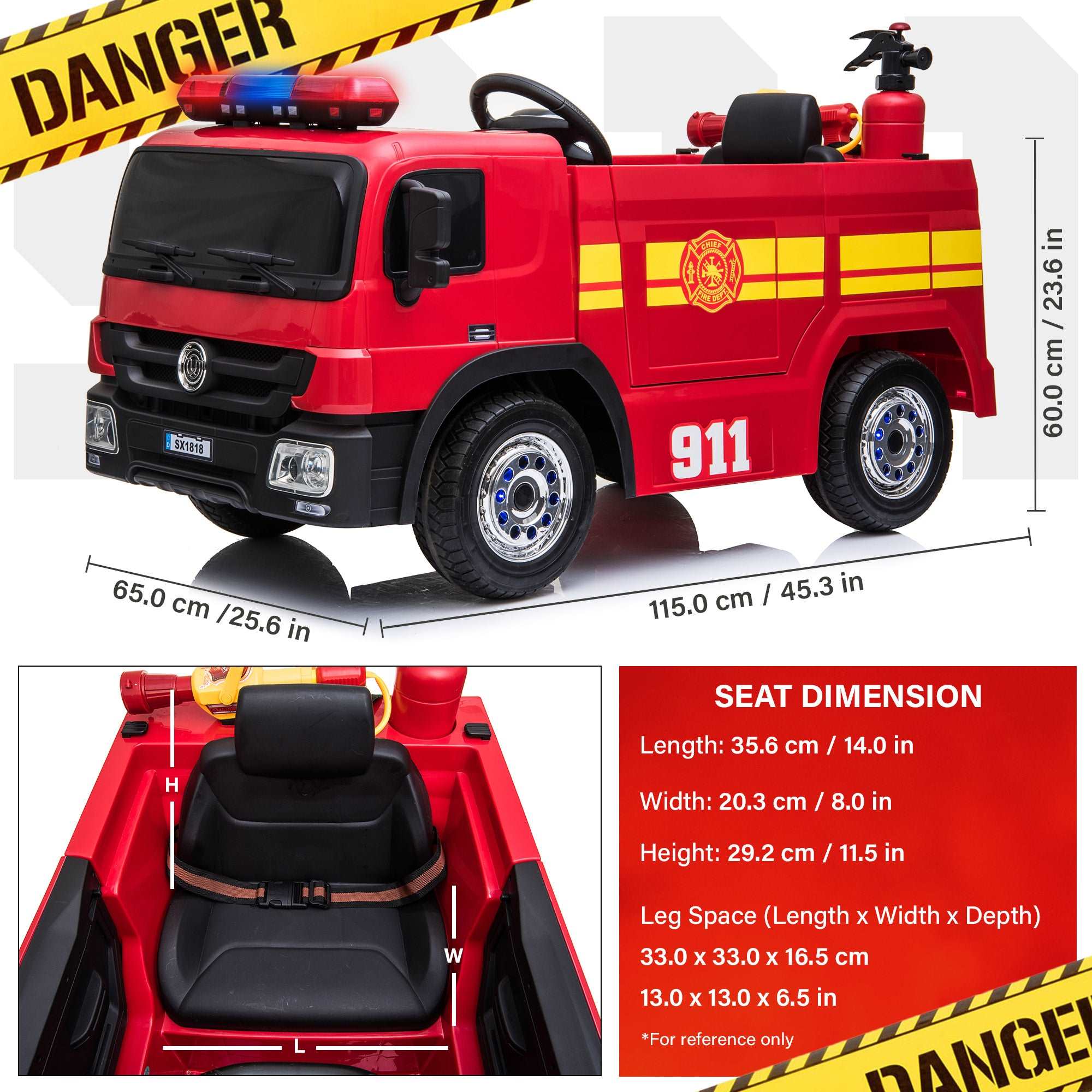 Fire Truck 12V Ride on Car with Remote Control and Simulated Fireman Equipment - Image 3