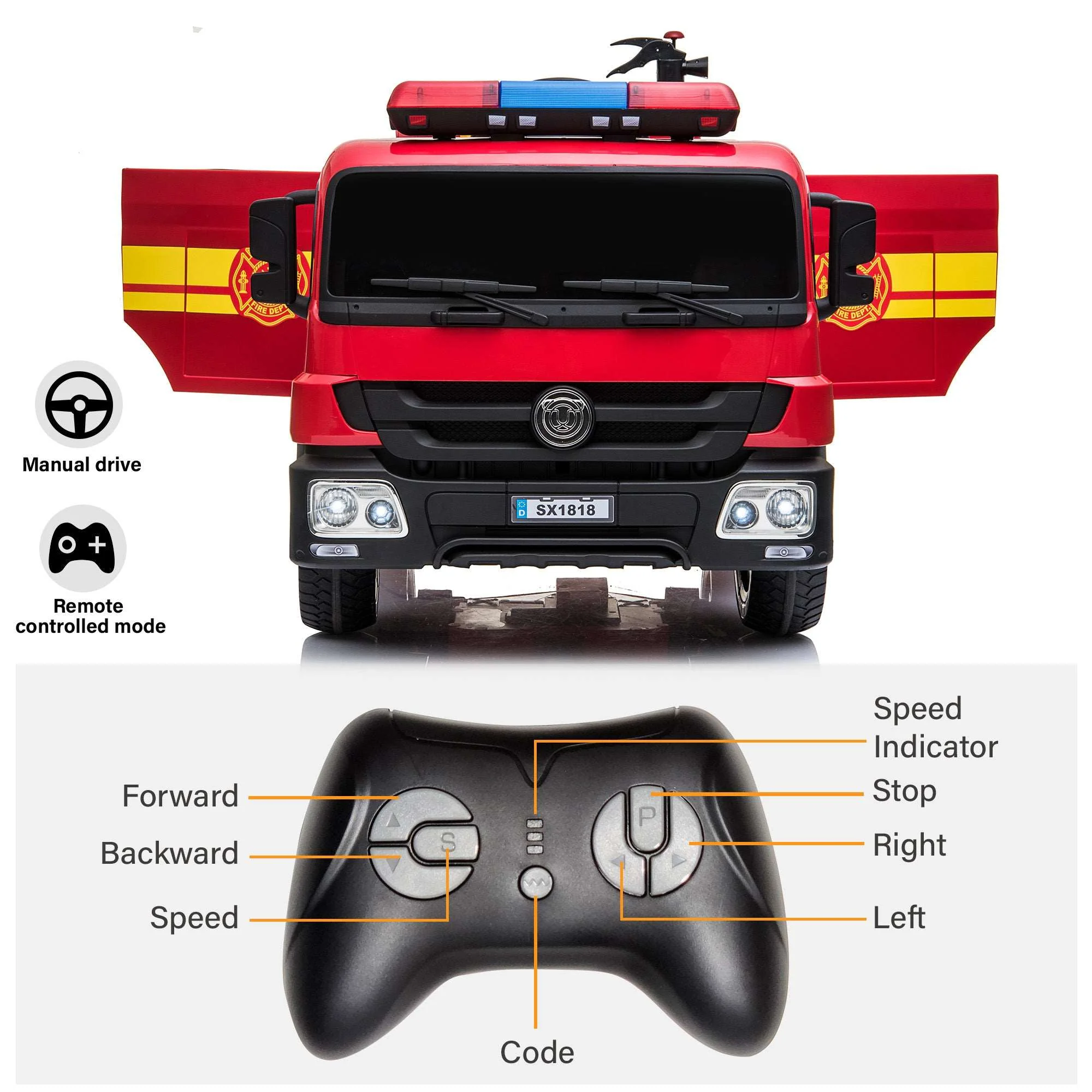 Fire Truck 12V Ride on Car with Remote Control and Simulated Fireman Equipment - Image 4