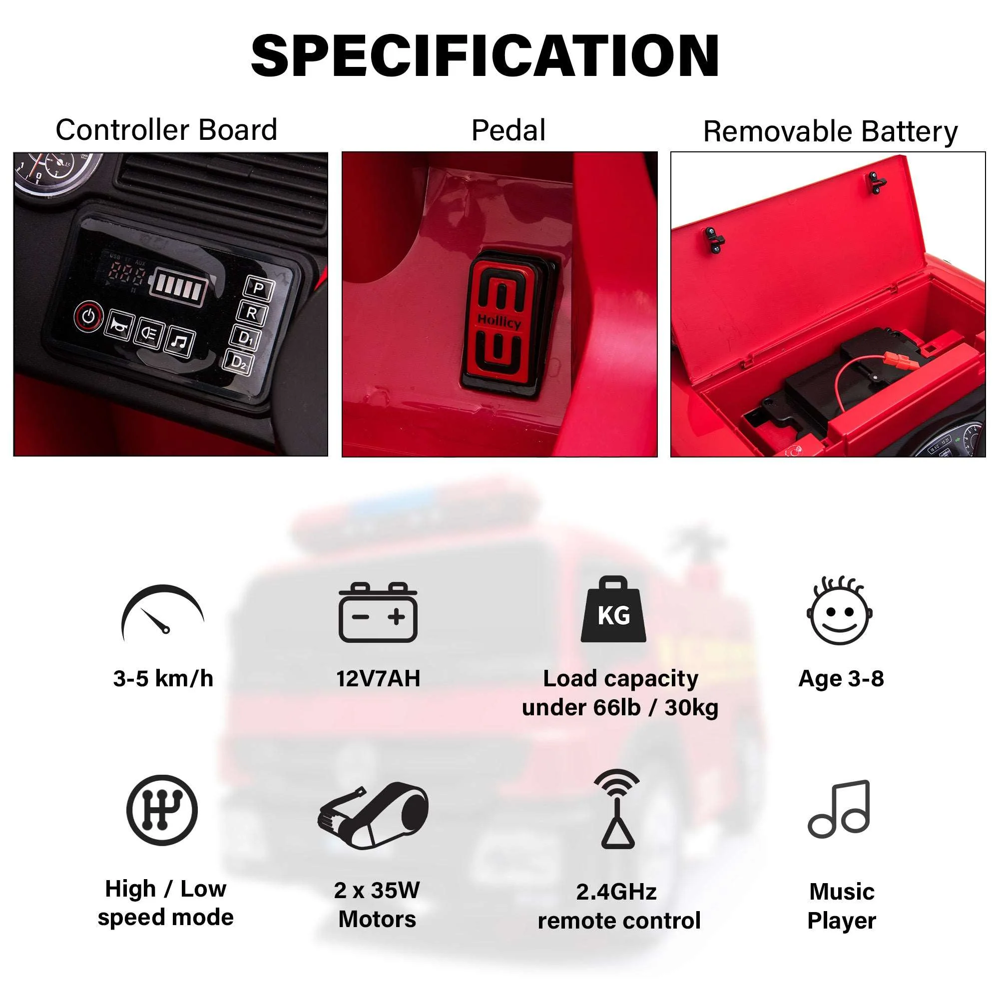 Fire Truck 12V Ride on Car with Remote Control and Simulated Fireman Equipment - Image 5