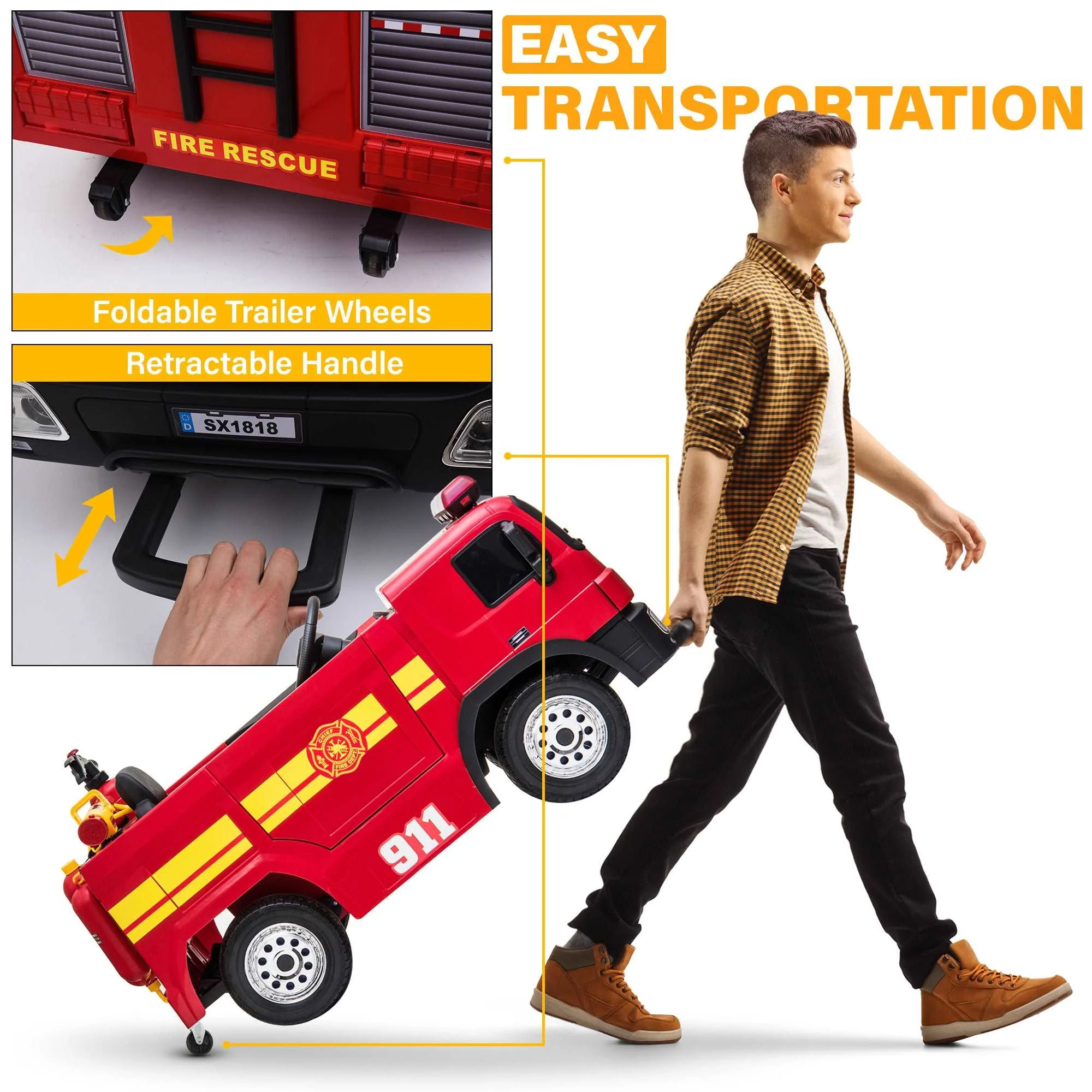Fire Truck 12V Ride on Car with Remote Control and Simulated Fireman Equipment - Image 7
