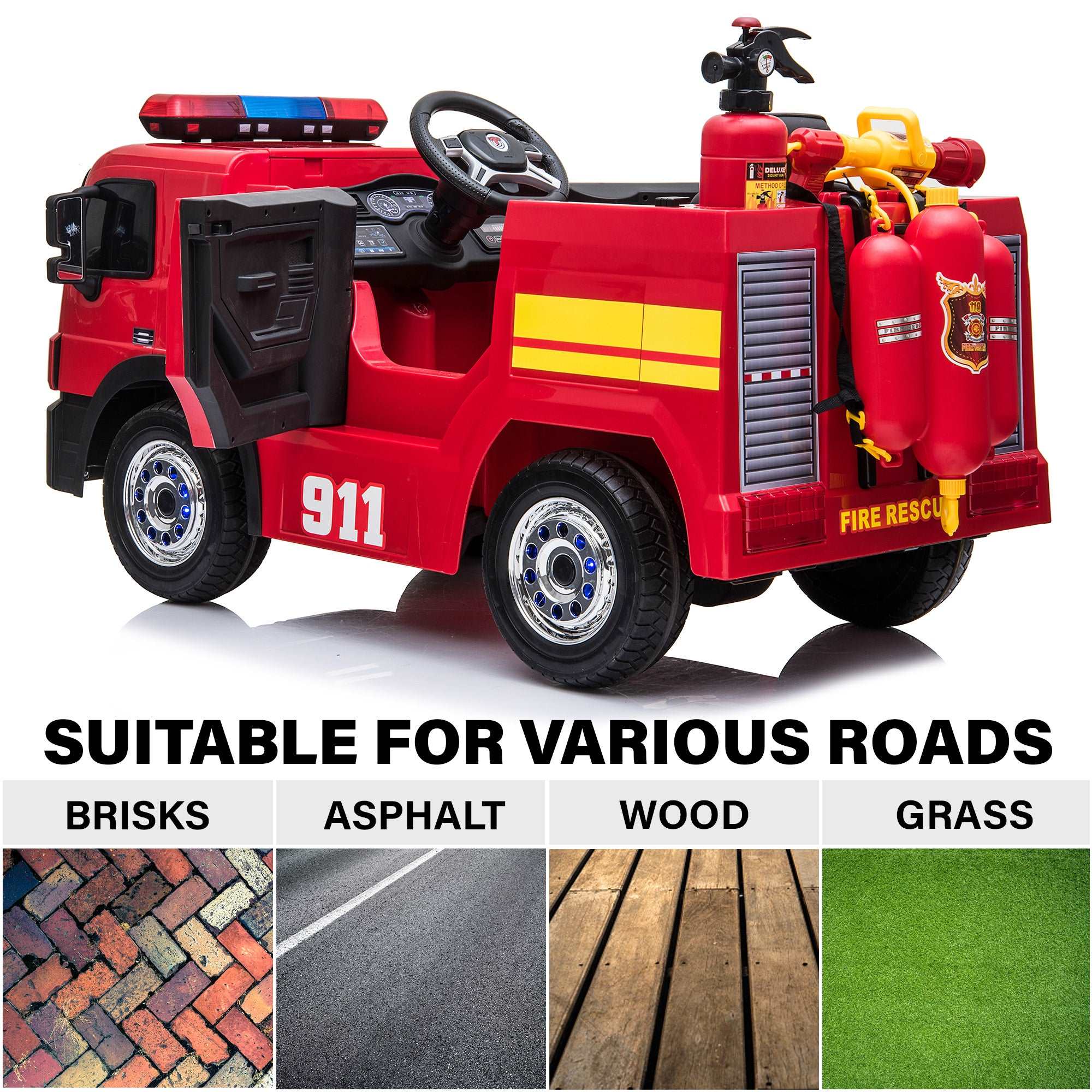 Fire Truck 12V Ride on Car with Remote Control and Simulated Fireman Equipment - Image 8