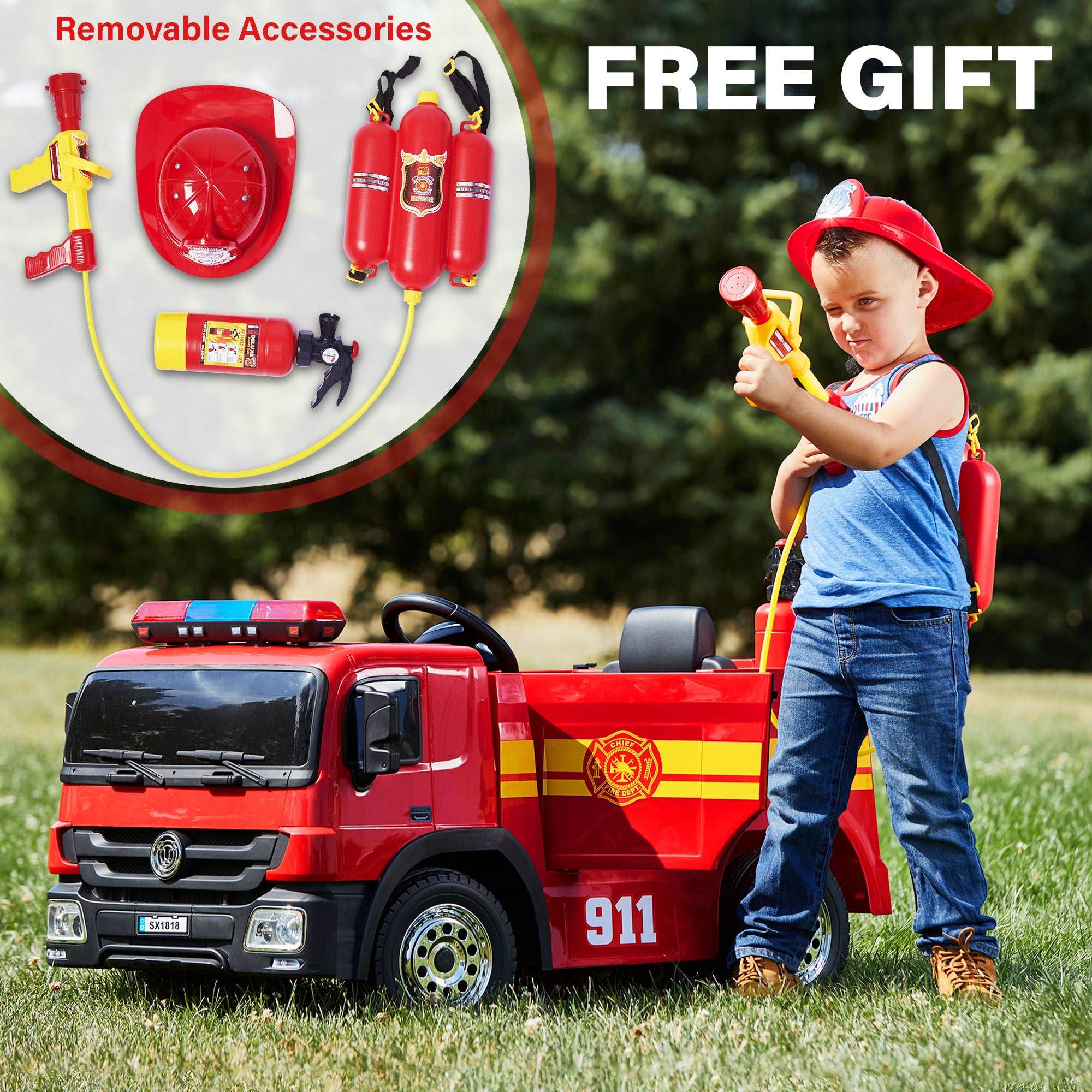 Fire Truck 12V Ride on Car with Remote Control and Simulated Fireman Equipment - Image 9