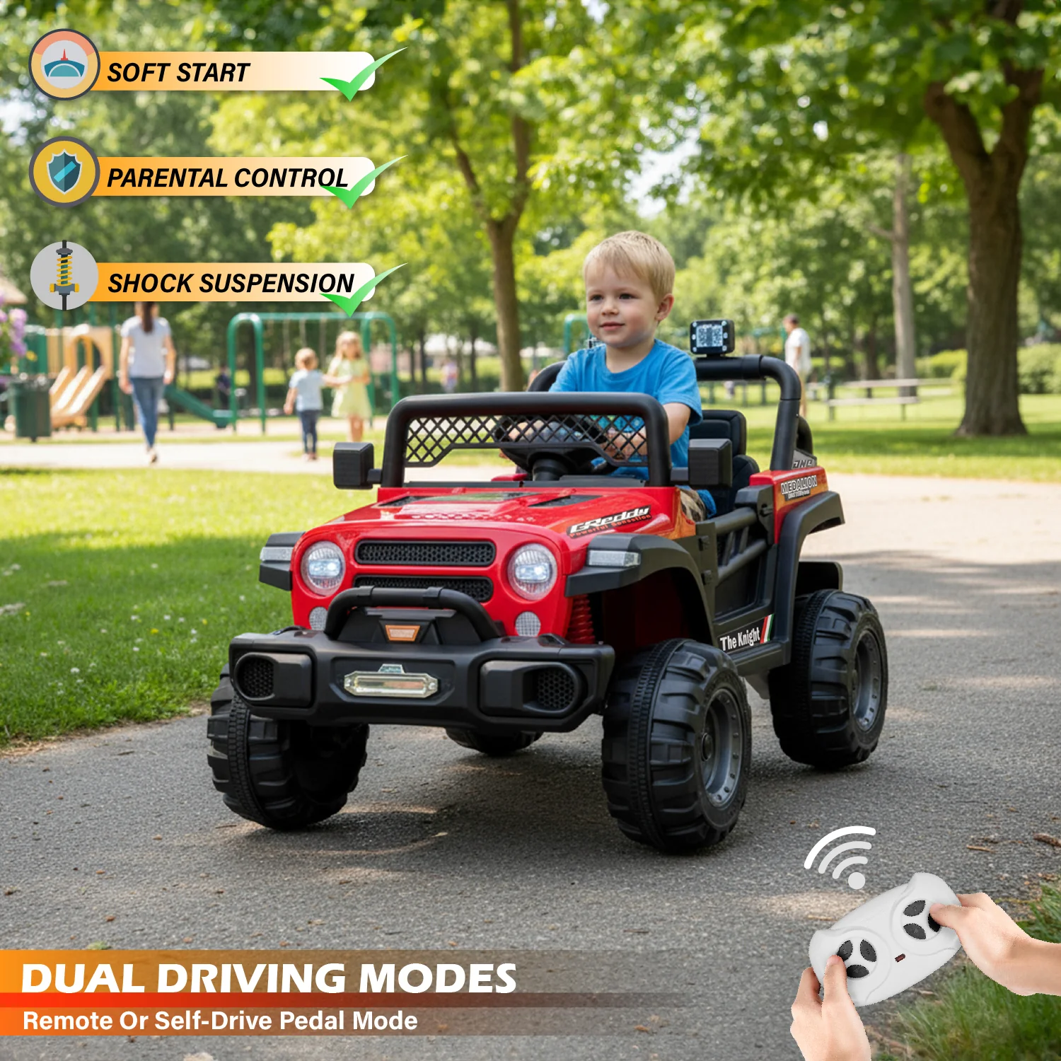 Jeep 12V Kids Ride On Car Toy with Open Doors, Realistic Lights and Remote Control - Image 3