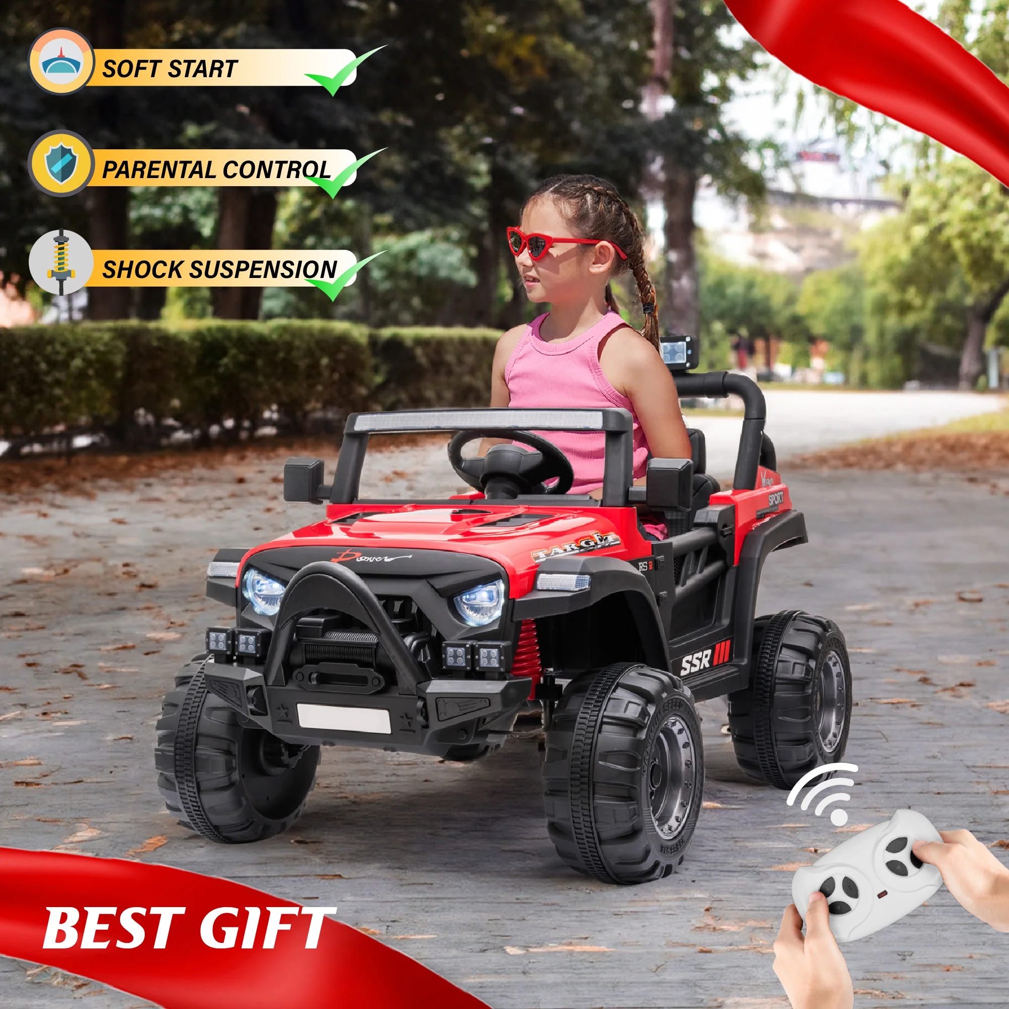 Jeep with Angry Face Grill 12V Kids Ride On Car Toy with Open Doors, Realistic Lights and Remote Control - Image 3
