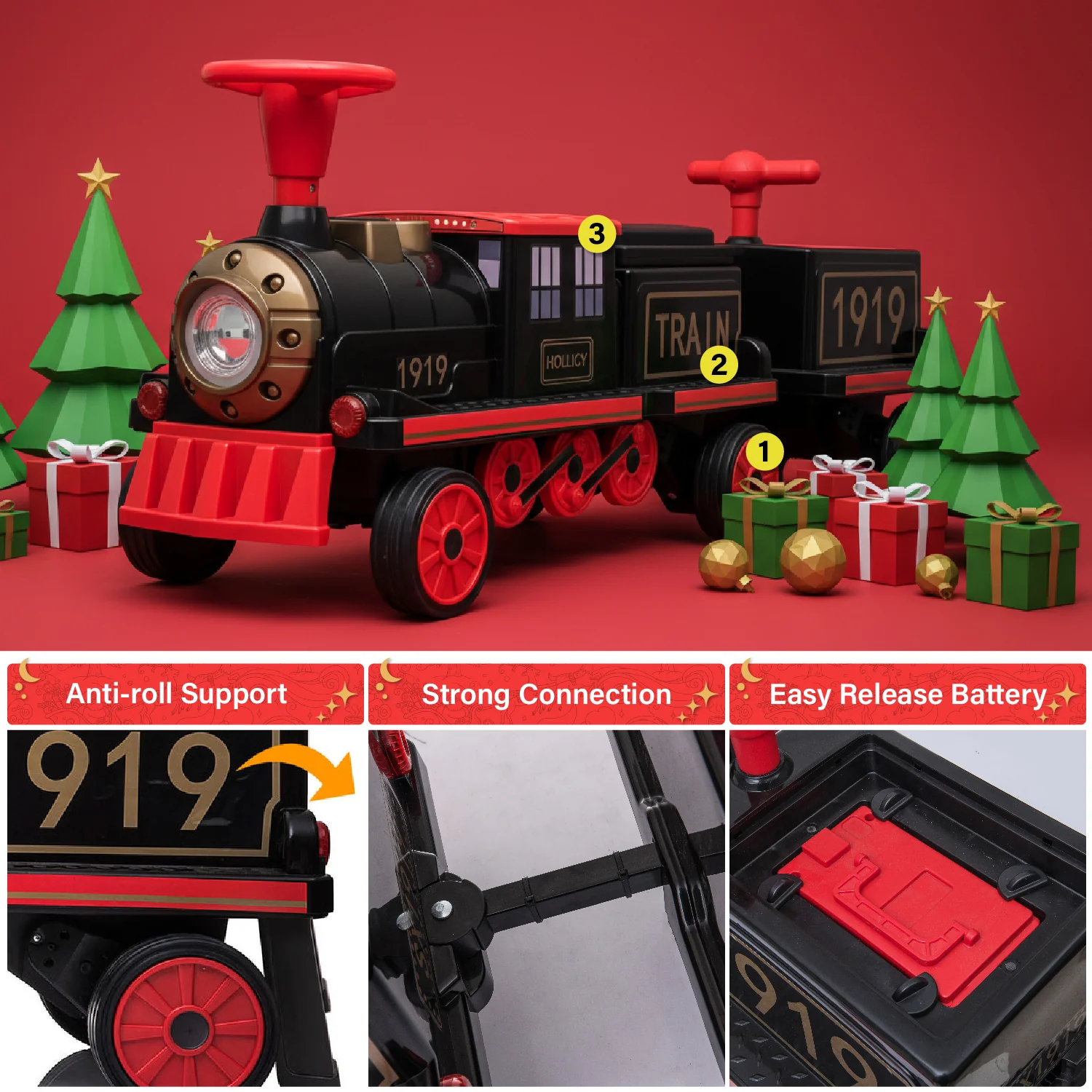 Locomotive Train 12V Ride on Train Car Toy for Kids and Parents with Carriage - 2 Seater/2+ Seater - Image 4