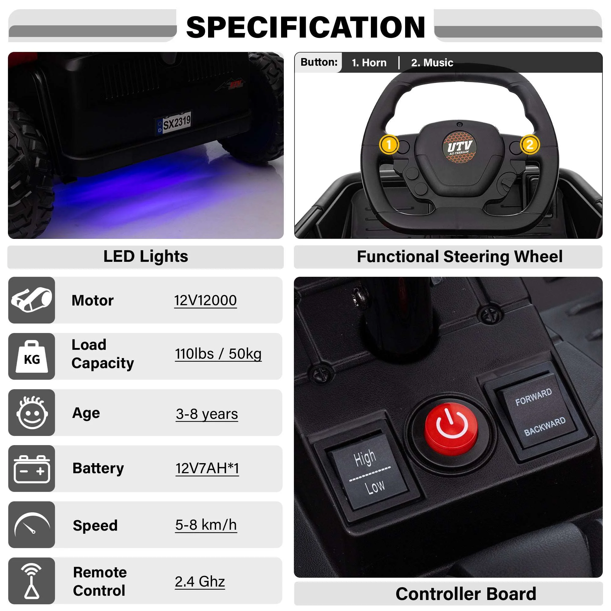 6 Wheel UTV 12V Ride on Car with Remote Control, EVA Tires - Image 5