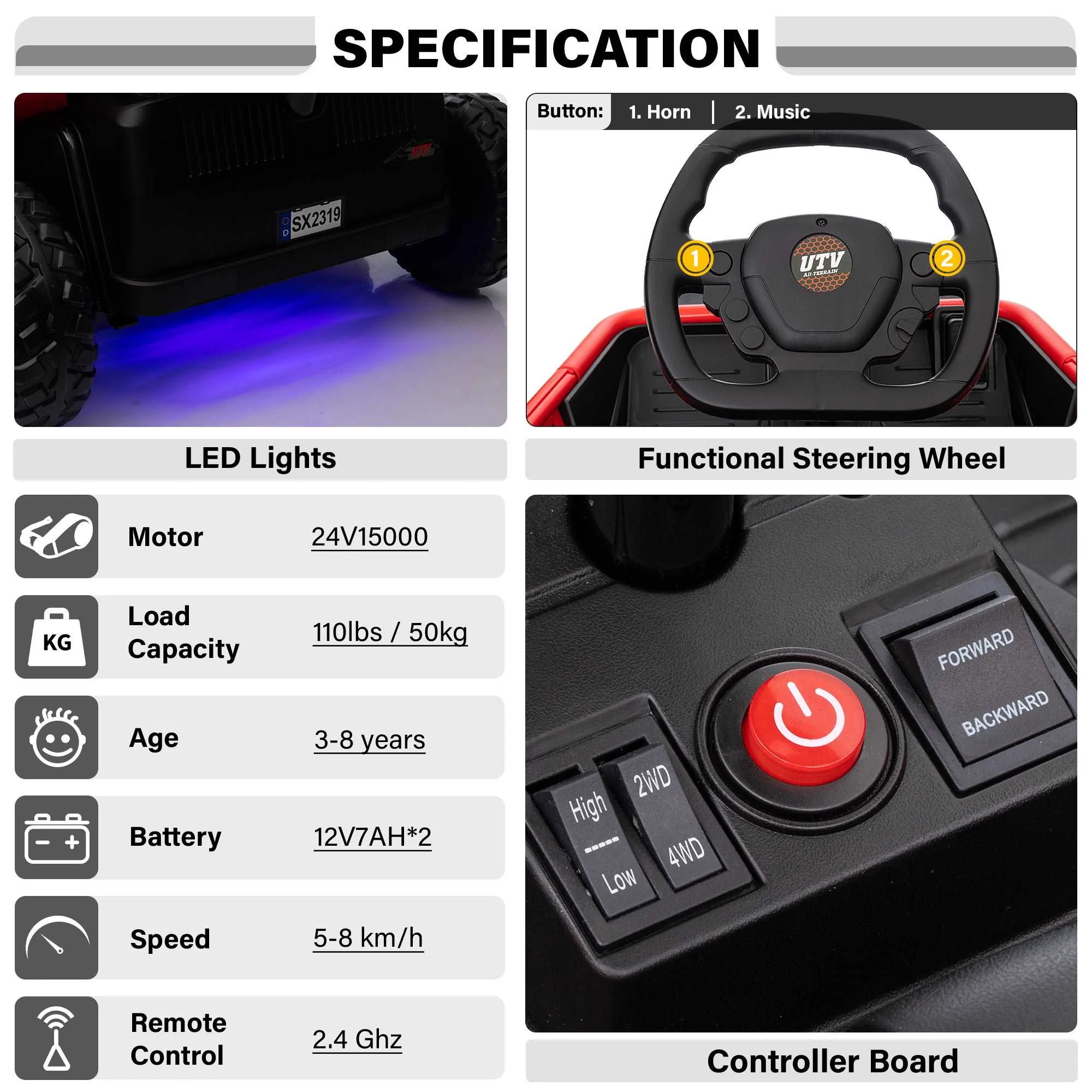 6 Wheel UTV 24V Ride on Car with Remote Control, 4WD, EVA Tires - Image 5