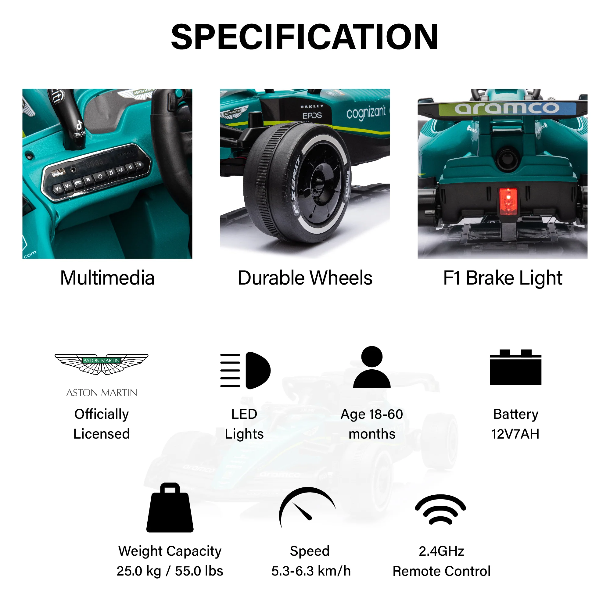 Aston Martin F1 12V Ride on Car for Kids with Remote Control, LED Lights and Music - Image 5