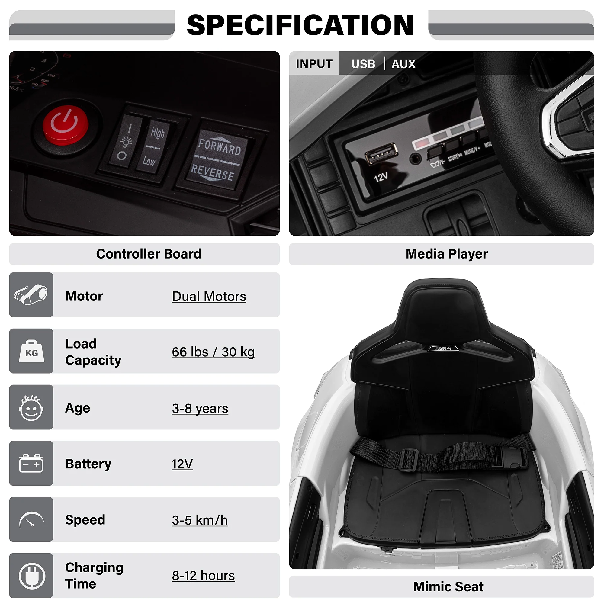 BMW M4 12V Ride on Car with Remote Control, LED Lights and Music, Licensed - Image 7