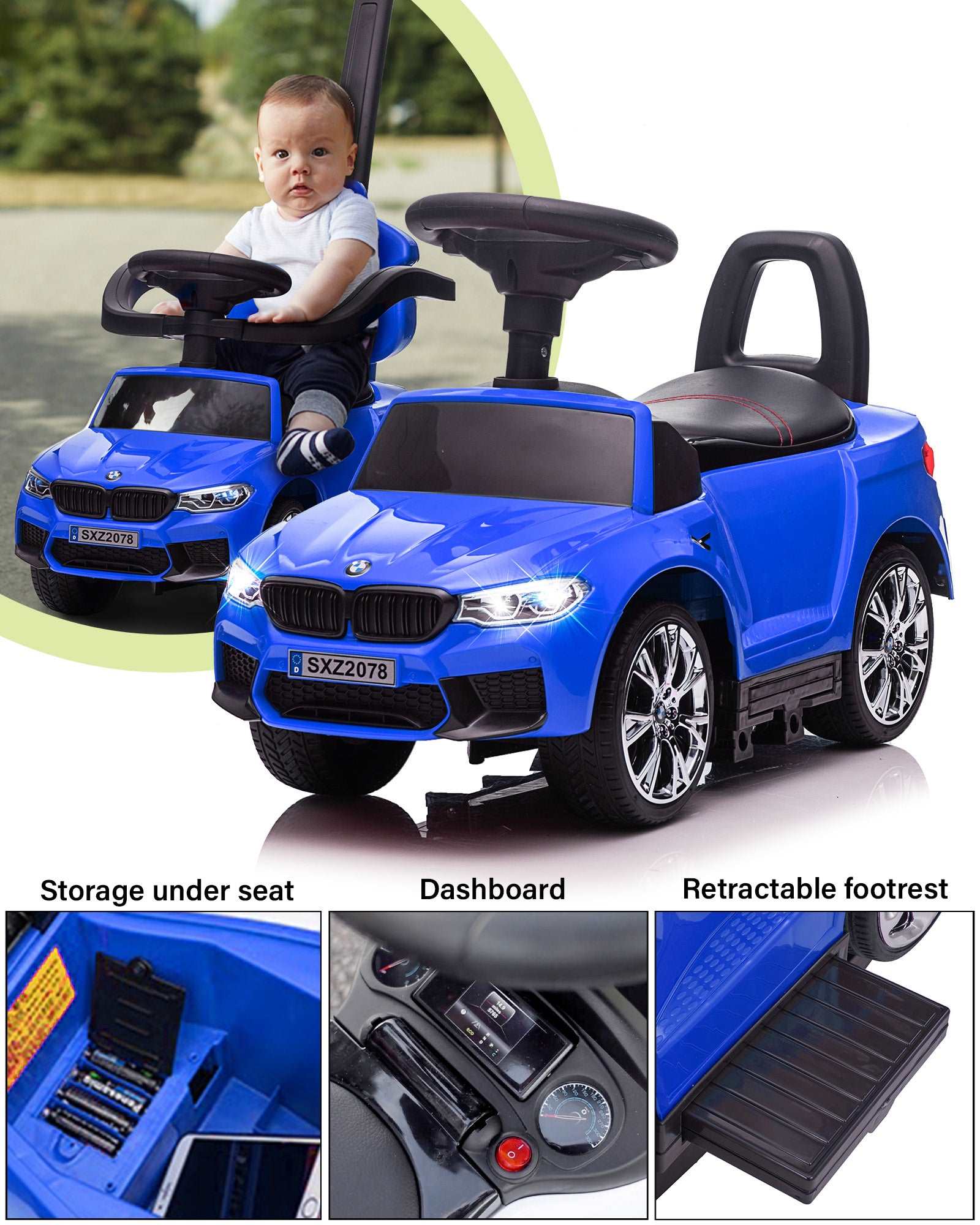 BMW M5 4-in-1 Push Pedal Ride On Car with Push Bar and LED Lights, Licensed - Image 6
