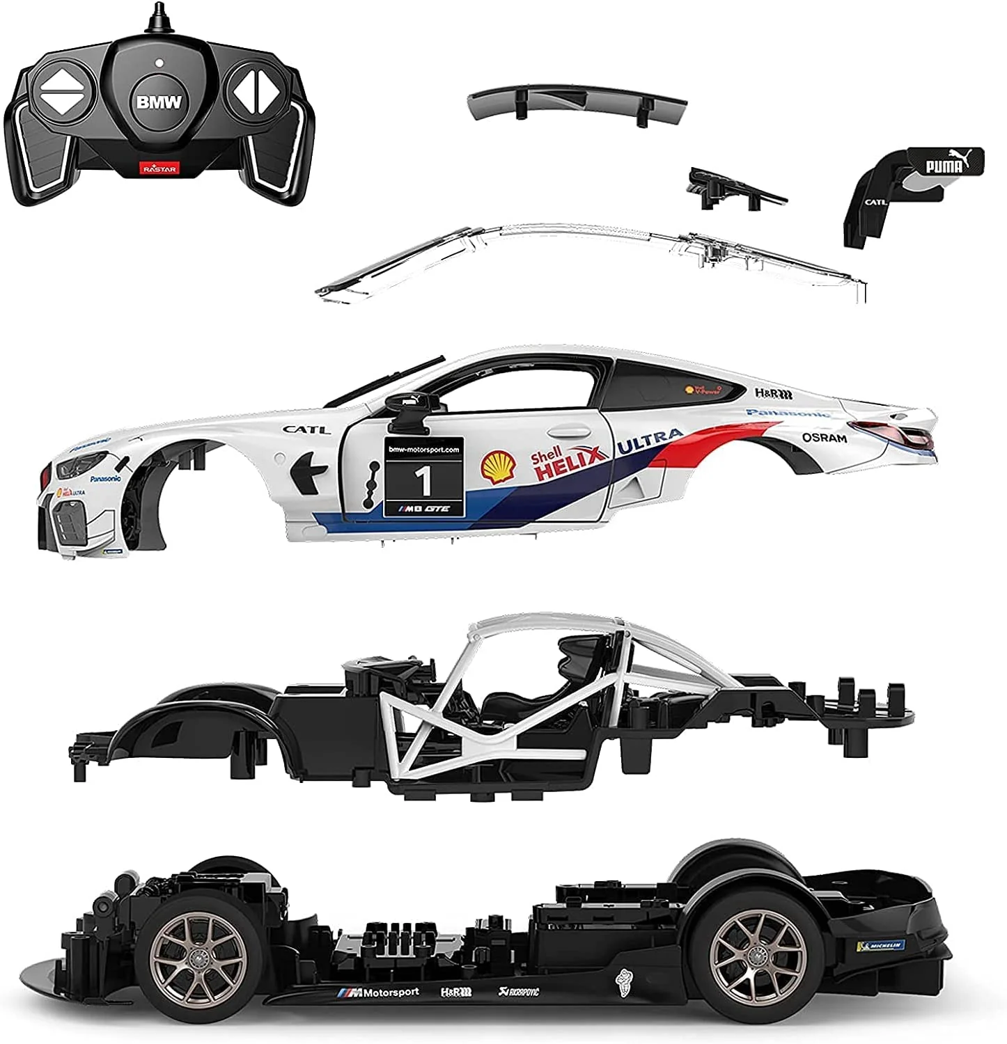 BMW M8 GTE 1/18 Scale DIY Building RC Car Kit Licensed with Remote Control and Customization Stickers by Rastar, 74pcs - Image 7