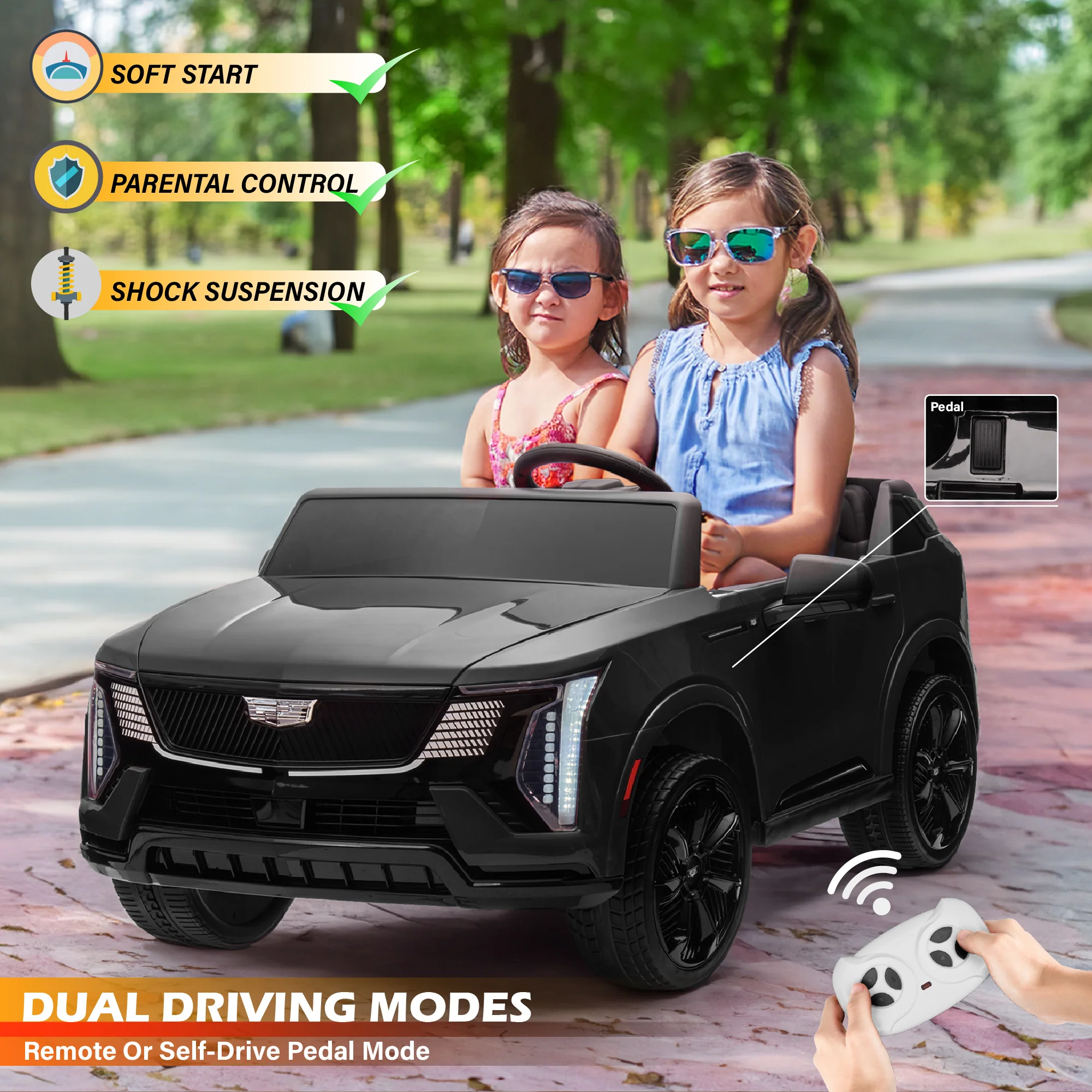 Cadillac Escalade IQ 24V 2 Seater Kids Ride On Car with Remote Control, EVA Quiet Tires, Open Doors, LED Lights & Music - Image 3