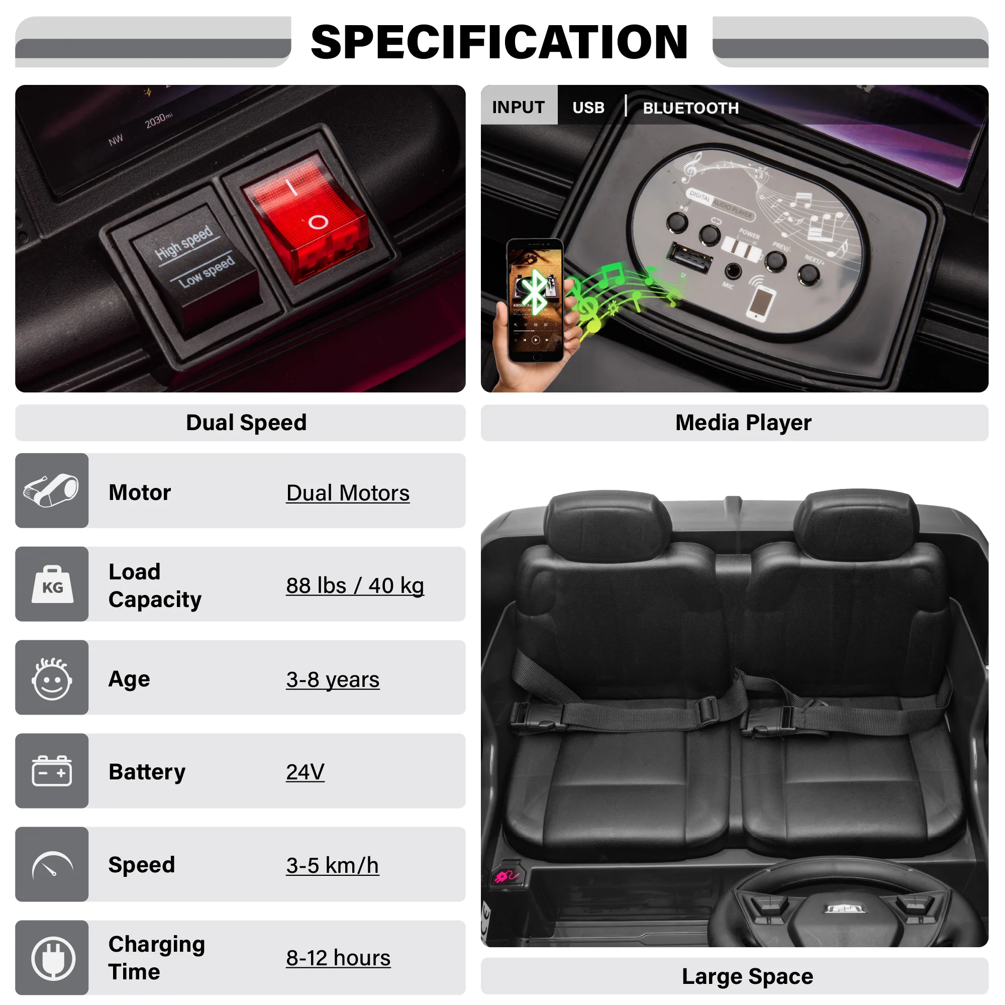 Cadillac Escalade IQ 24V 2 Seater Kids Ride On Car with Remote Control, EVA Quiet Tires, Open Doors, LED Lights & Music - Image 6