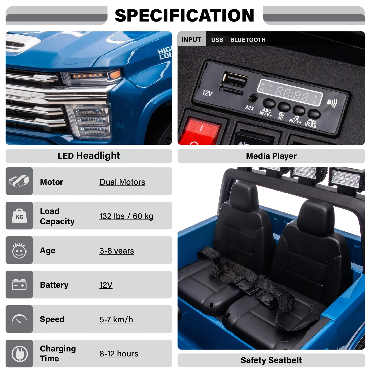 Chevrolet Silverado 12V Kids Ride-On Truck – 2 Seater, LED Lights, Music - Image 6