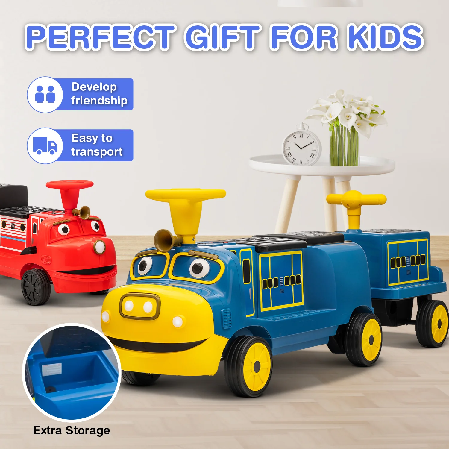 Officially Licensed Chuggington® Electric Ride-On Train with Whistle, Music Player & 2+/2 Seater – 12V, Red or Blue, Detachable Carriage - Image 11