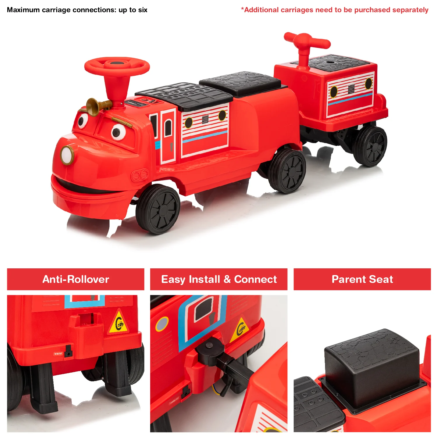 Officially Licensed Chuggington® Electric Ride-On Train with Whistle, Music Player & 2+/2 Seater – 12V, Red or Blue, Detachable Carriage - Image 3