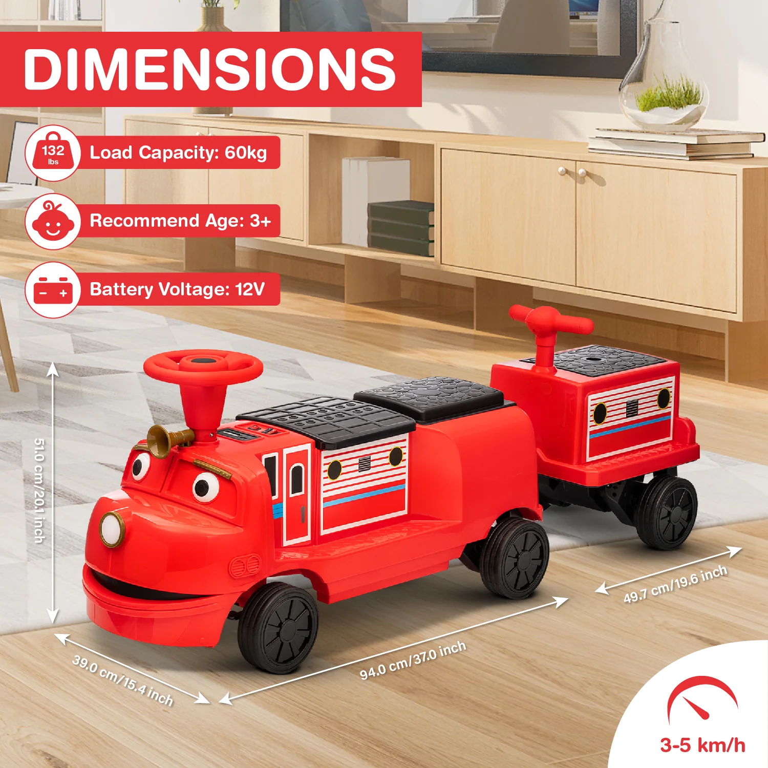 Officially Licensed Chuggington® Electric Ride-On Train with Whistle, Music Player & 2+/2 Seater – 12V, Red or Blue, Detachable Carriage - Image 4