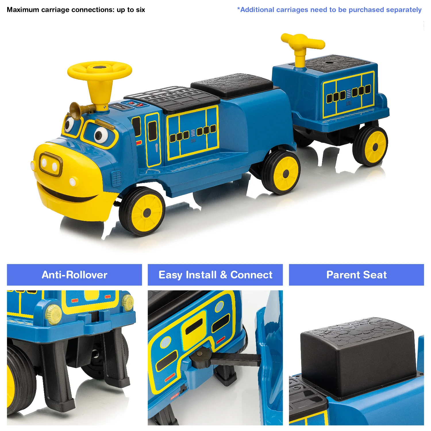 Officially Licensed Chuggington® Electric Ride-On Train with Whistle, Music Player & 2+/2 Seater – 12V, Red or Blue, Detachable Carriage - Image 5
