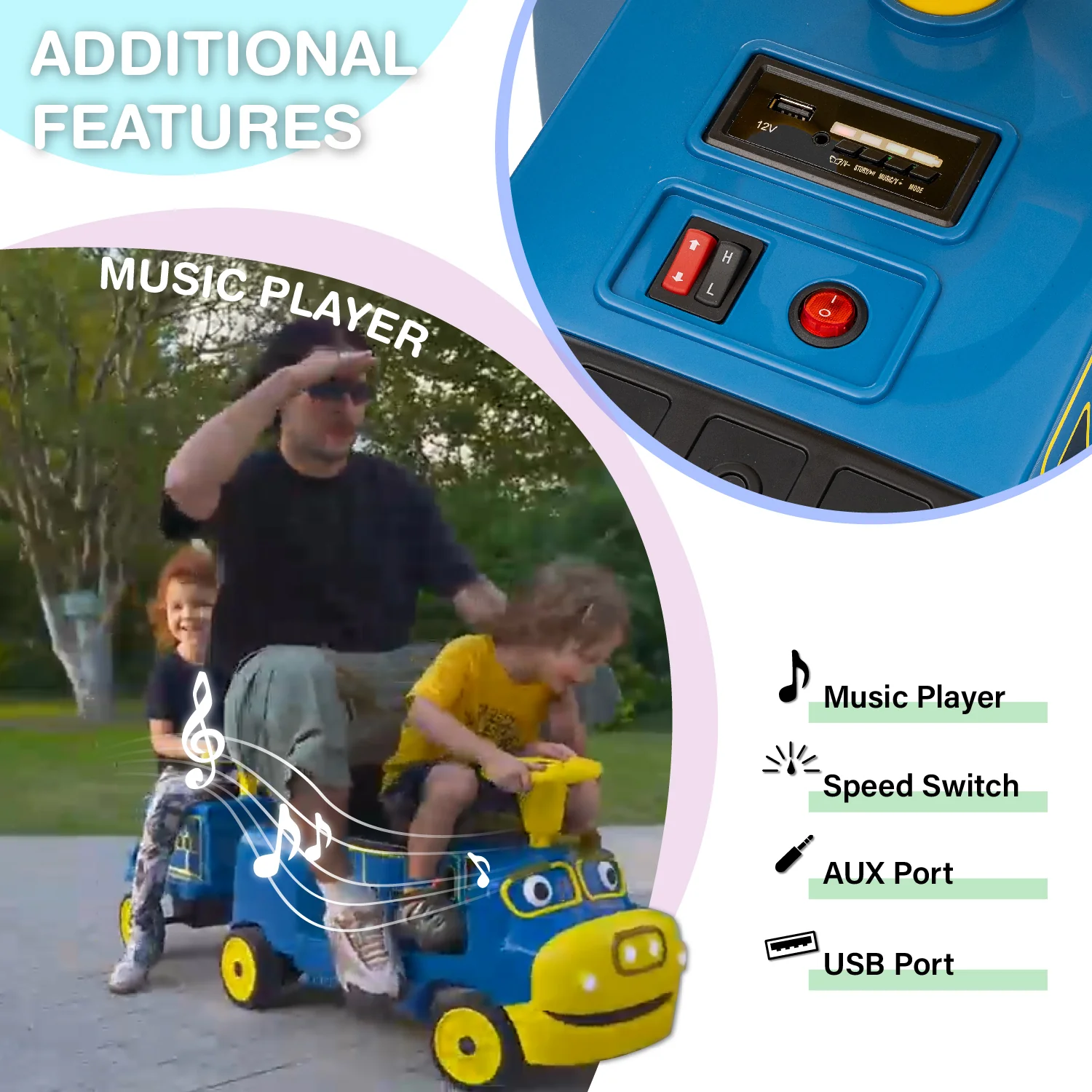 Officially Licensed Chuggington® Electric Ride-On Train with Whistle, Music Player & 2+/2 Seater – 12V, Red or Blue, Detachable Carriage - Image 9