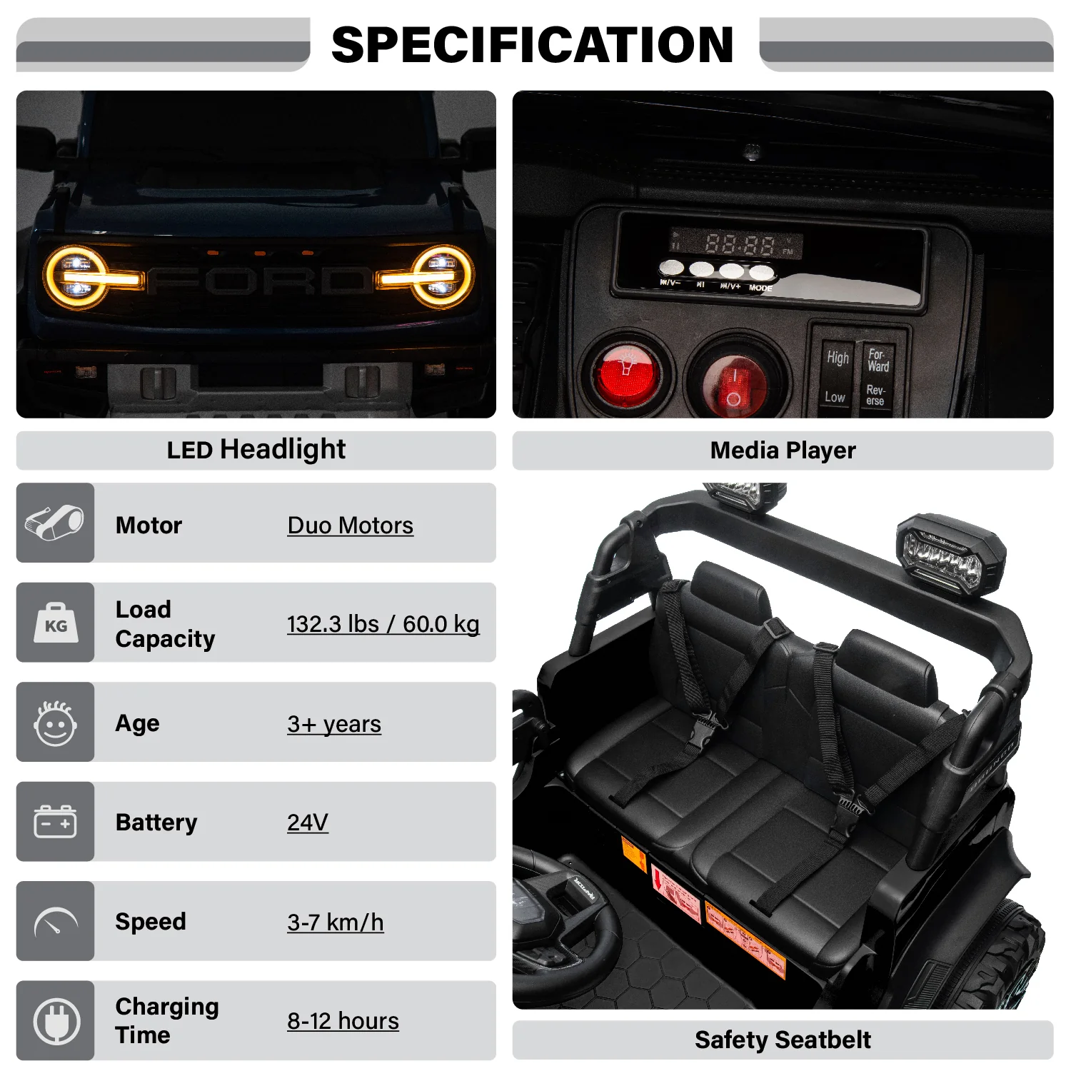 Licensed Ford Bronco Raptor 24V 2 Seater Electric Ride-On Car – Parental Remote, Music, Suspension & Working LED Lights - Image 5