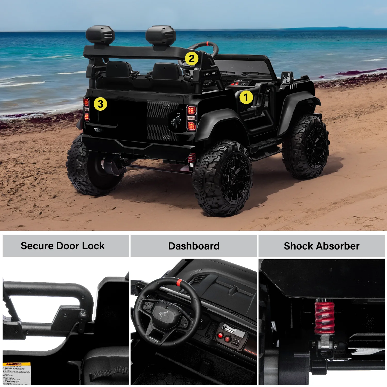Licensed Ford Bronco Raptor 24V 2 Seater Electric Ride-On Car – Parental Remote, Music, Suspension & Working LED Lights - Image 6