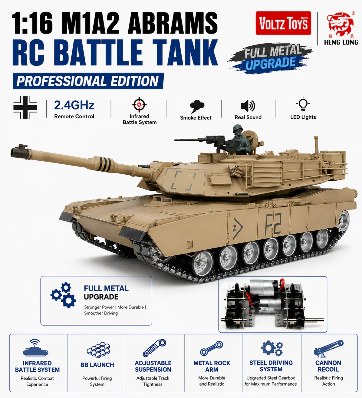 Heng Long® 1/16 M1A2 Abrams RC Battle Tank – Professional Edition, Full Metal Upgrade, Infrared Battle System, Smoke & Real Sound - Image 3