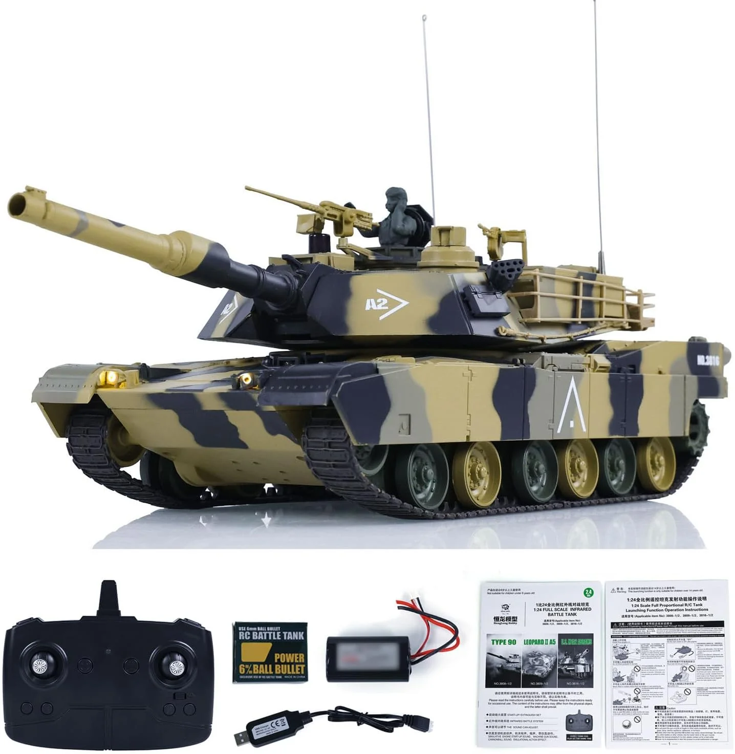 Heng Long® 1/24 RC Battle Tank Abrams M1A2 – 320° Rotating Turret, Infrared Battle, BB Shooting & Real Sound