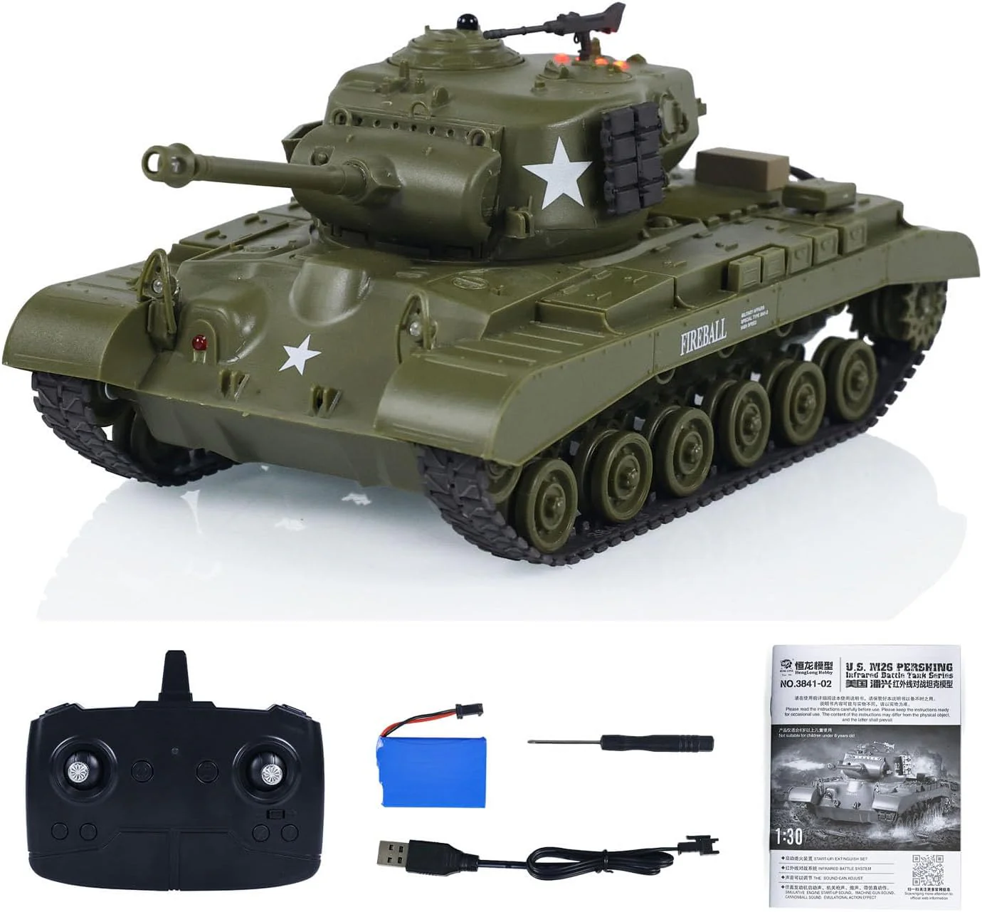 Heng Long® 1/30 RC Battle Tank M26 Pershing – 320° Turret Rotation, Infrared Battle, Realistic Sound & Light