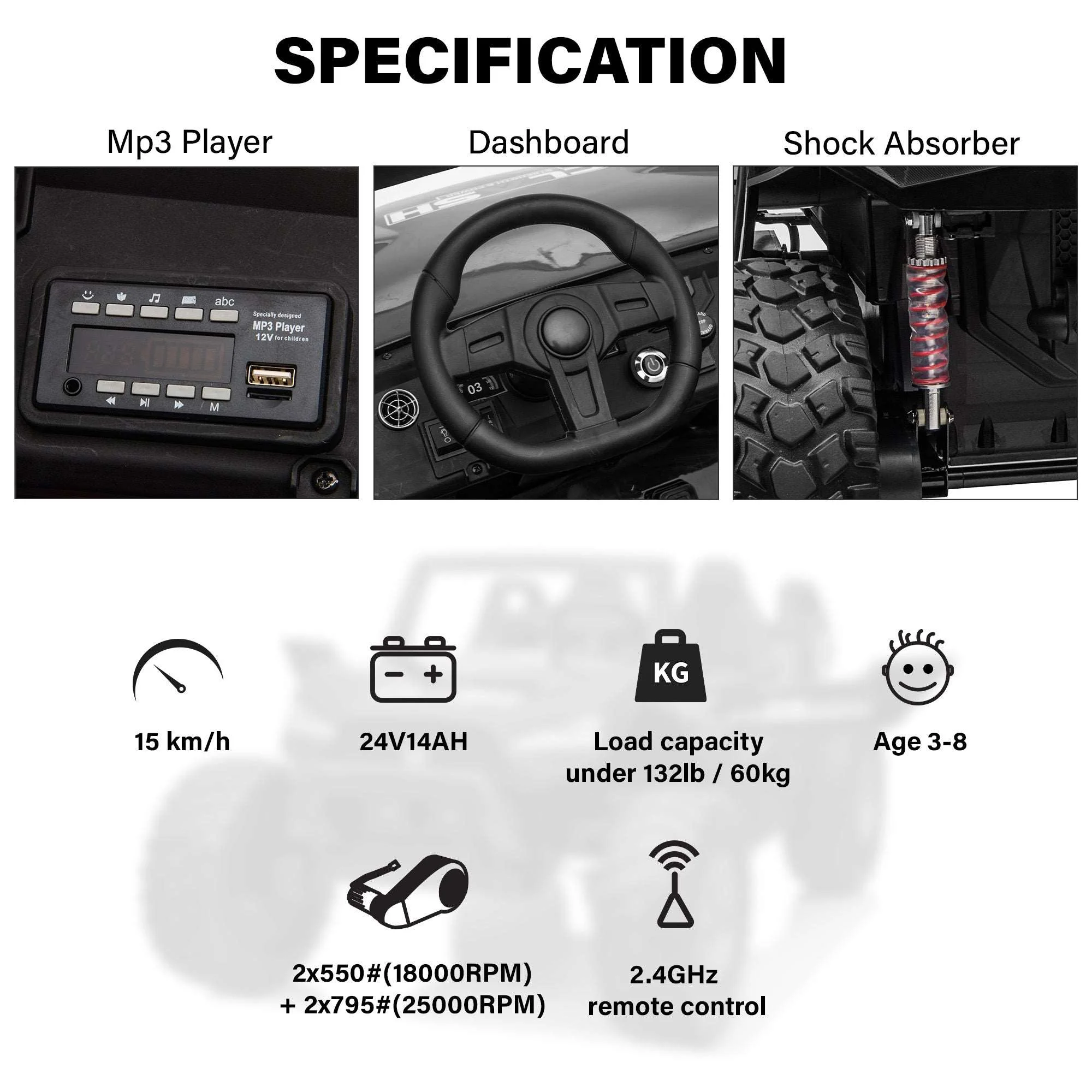 [High Speed Version] Dune Buggy 2 Seater 24V Off-Road UTV with Remote Control and EVA Tires - Image 6