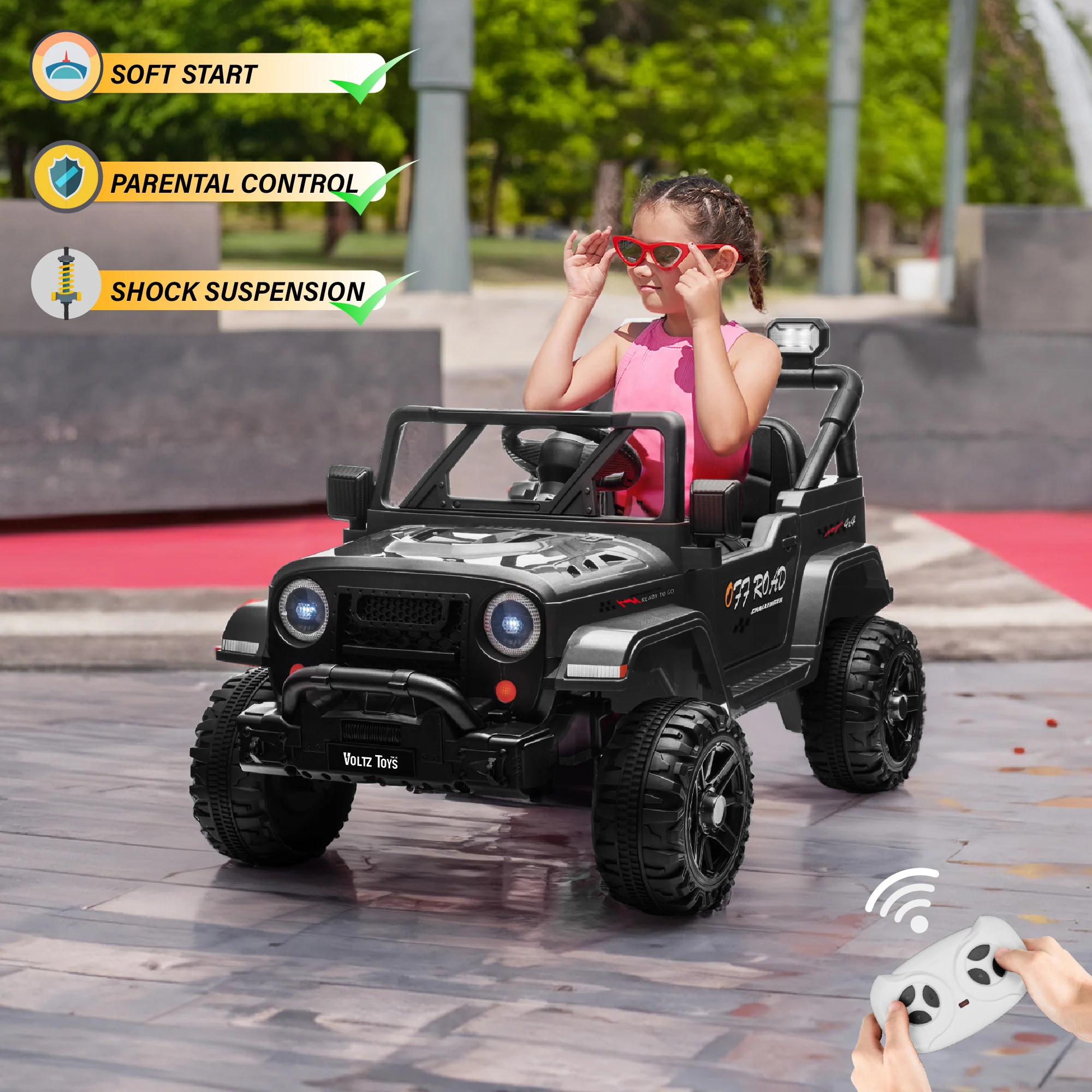 Jeep 12V Kids Ride On Car Toy with Open Doors, Realistic Lights and Remote Control - Image 5