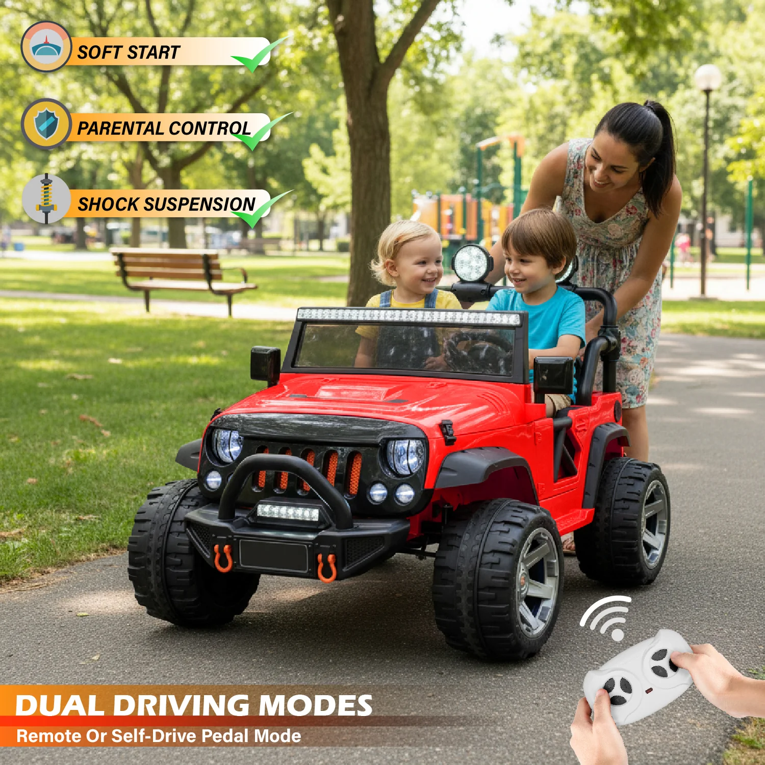 Jeep Wrangler 12V 2 Seater Classic Ride on Car Toy with Remote Control and MP3 Player - Image 3