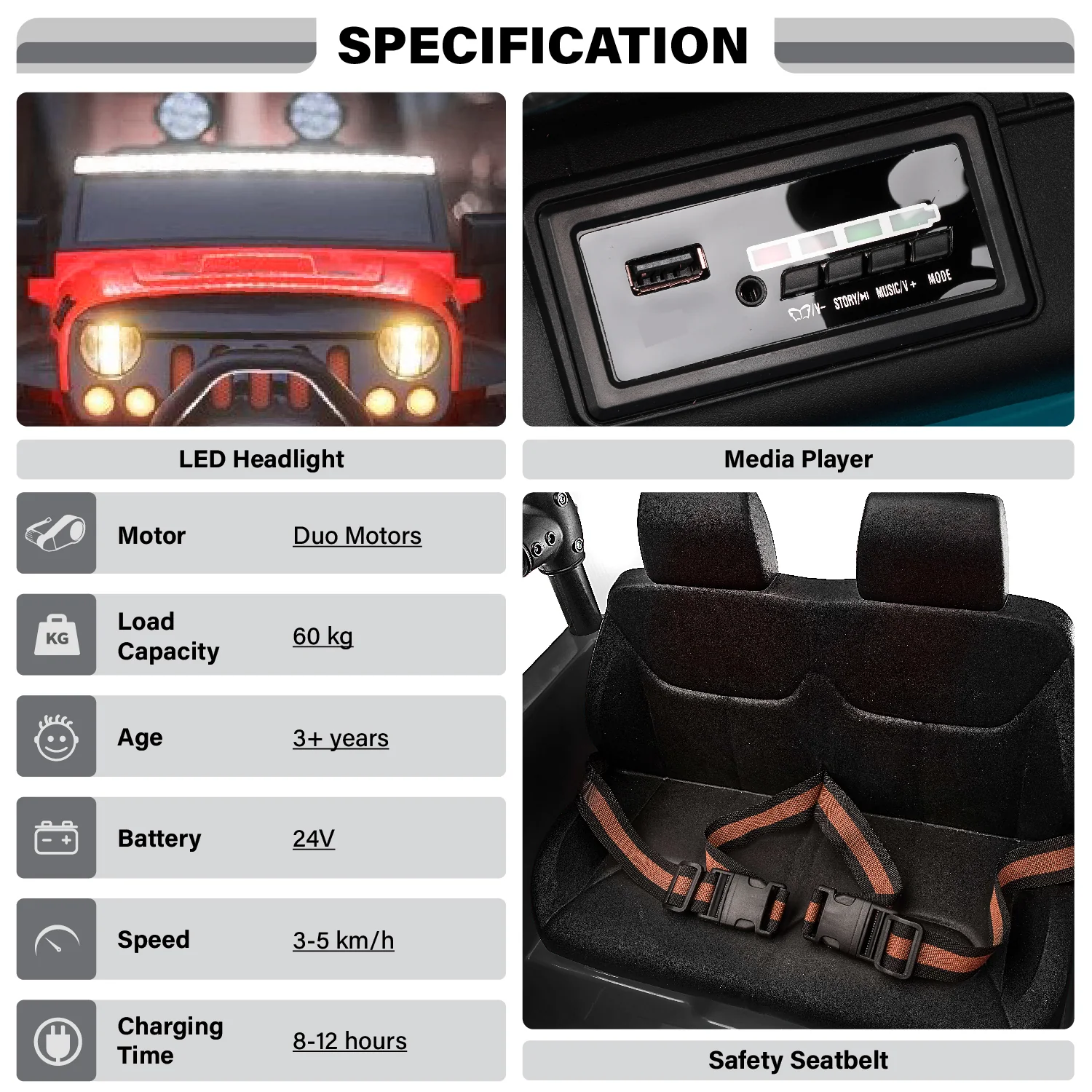 Jeep Wrangler 24V 2 Seater Classic Ride on Car Toy with Remote Control and MP3 Player - Image 8