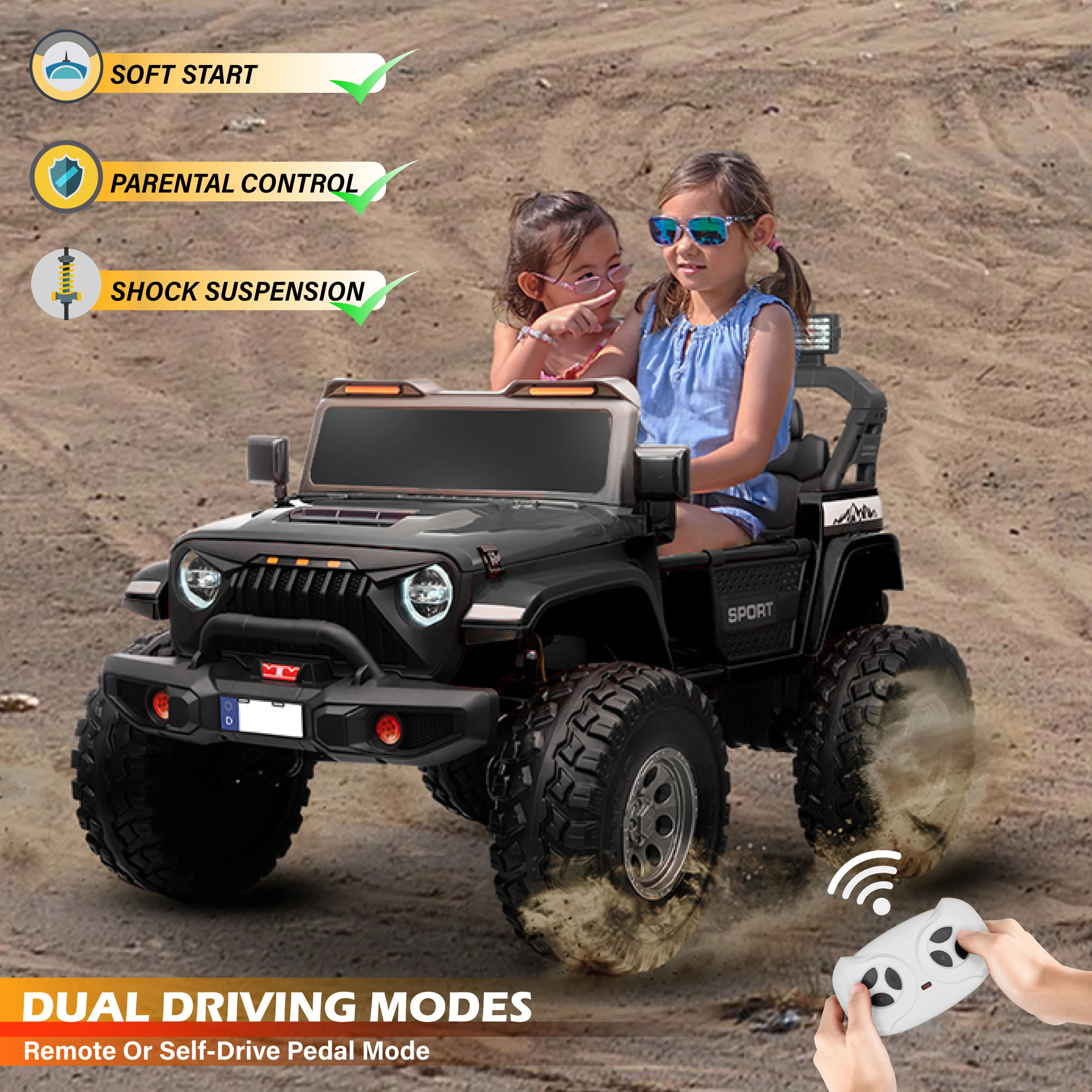 Muncher Jeep 24V 2-Seater Kids Ride-On Off-Road Vehicle – 4 Motors, EVA Wheels, LED Lights & Expandable Cabin - Image 4