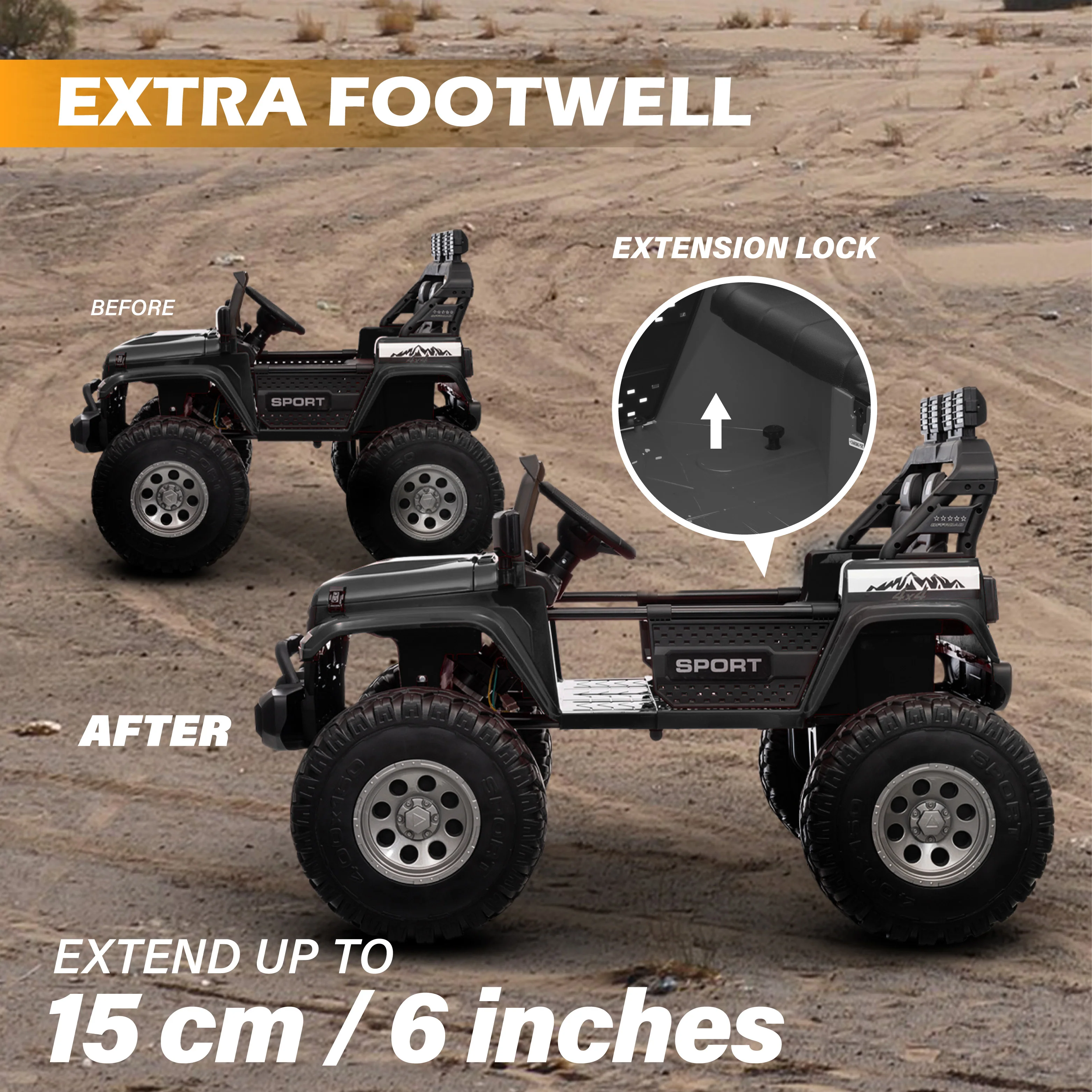 Muncher Jeep 24V 2-Seater Kids Ride-On Off-Road Vehicle – 4 Motors, EVA Wheels, LED Lights & Expandable Cabin - Image 5