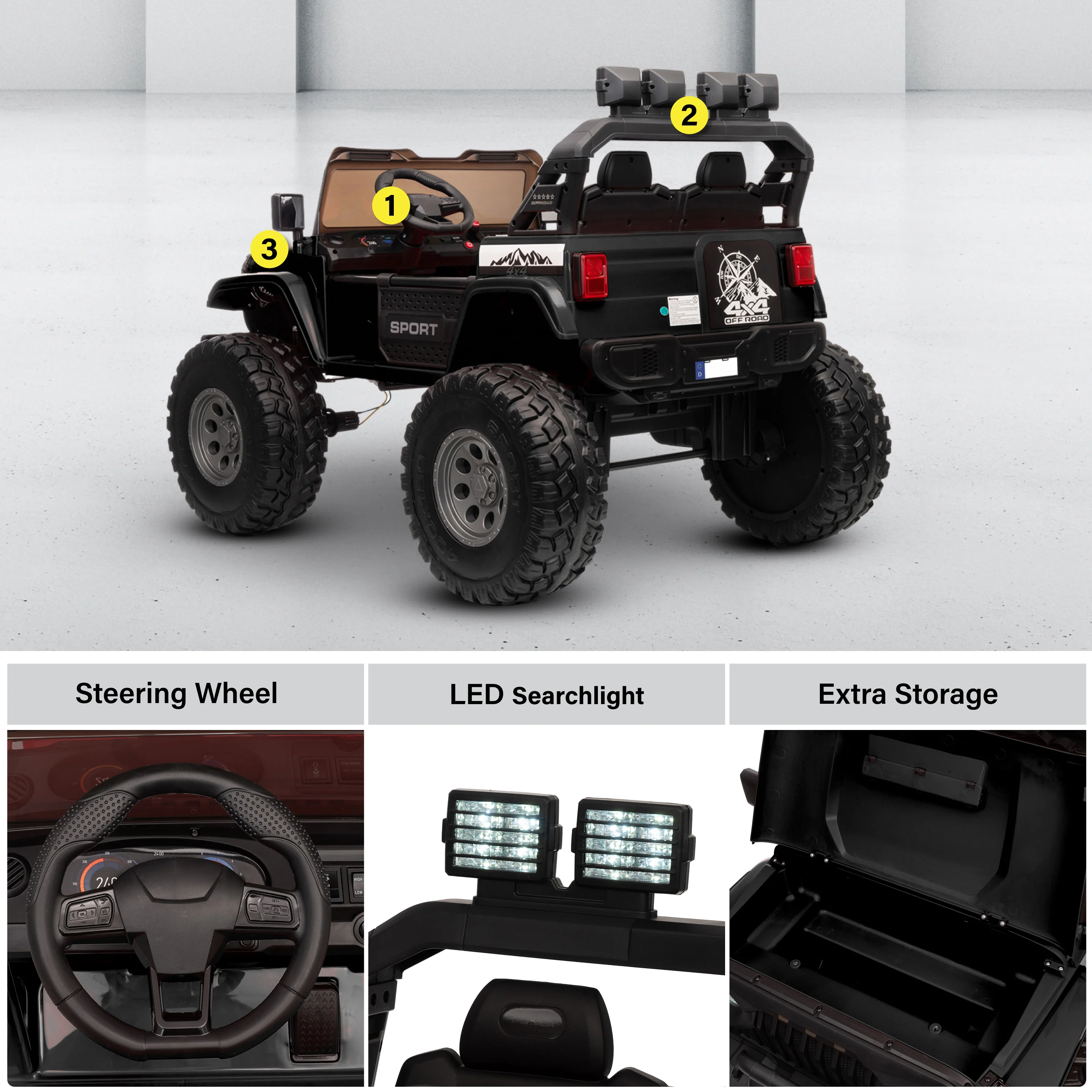 Muncher Jeep 24V 2-Seater Kids Ride-On Off-Road Vehicle – 4 Motors, EVA Wheels, LED Lights & Expandable Cabin - Image 7
