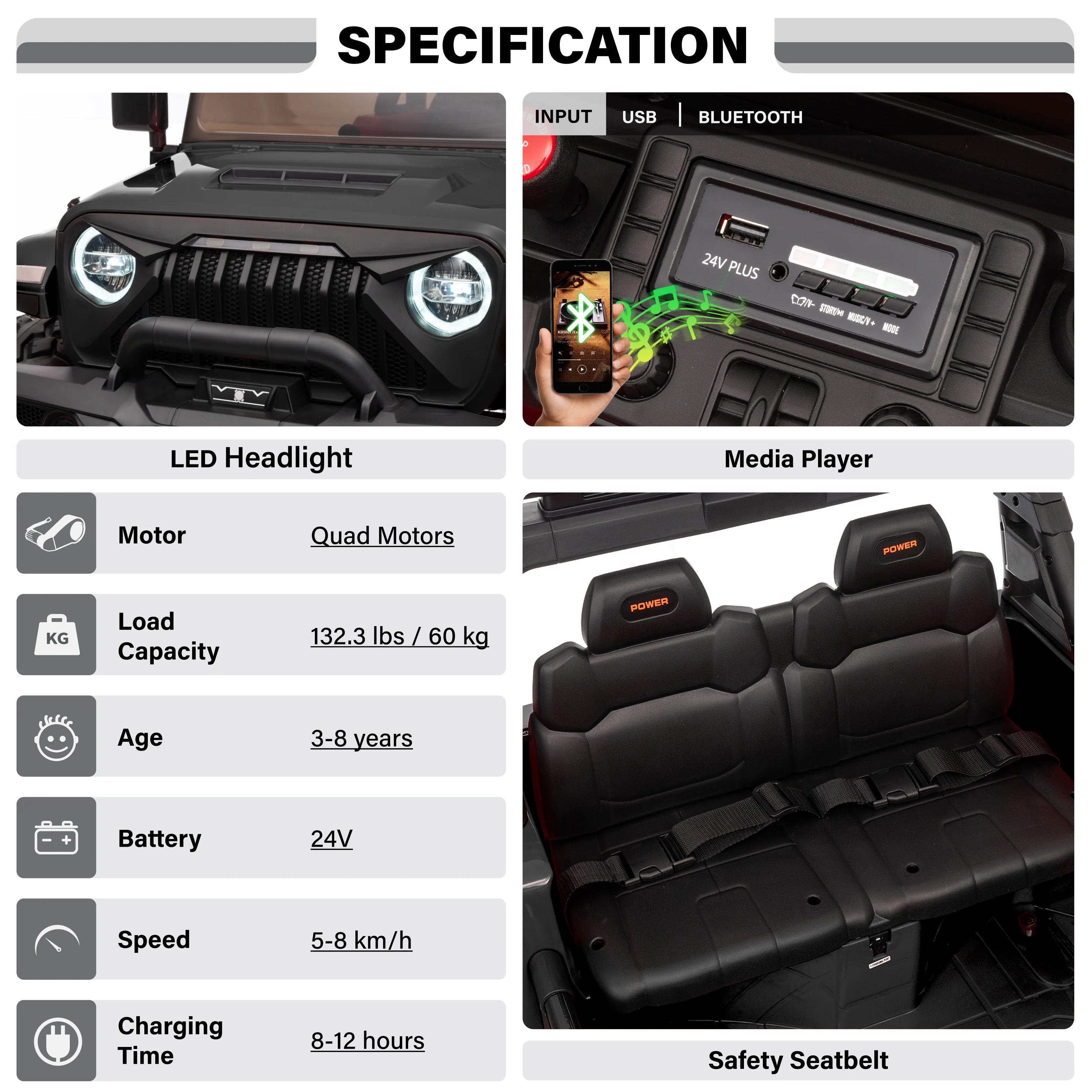 Muncher Jeep 24V 2-Seater Kids Ride-On Off-Road Vehicle – 4 Motors, EVA Wheels, LED Lights & Expandable Cabin - Image 8