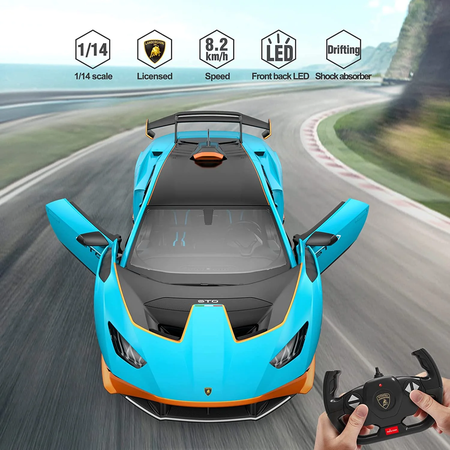 Lamborghini Huracan STO RC Car 1/14 Scale Licensed Remote Control Toy Car with Open Doors and Working Lights by Rastar - Image 3