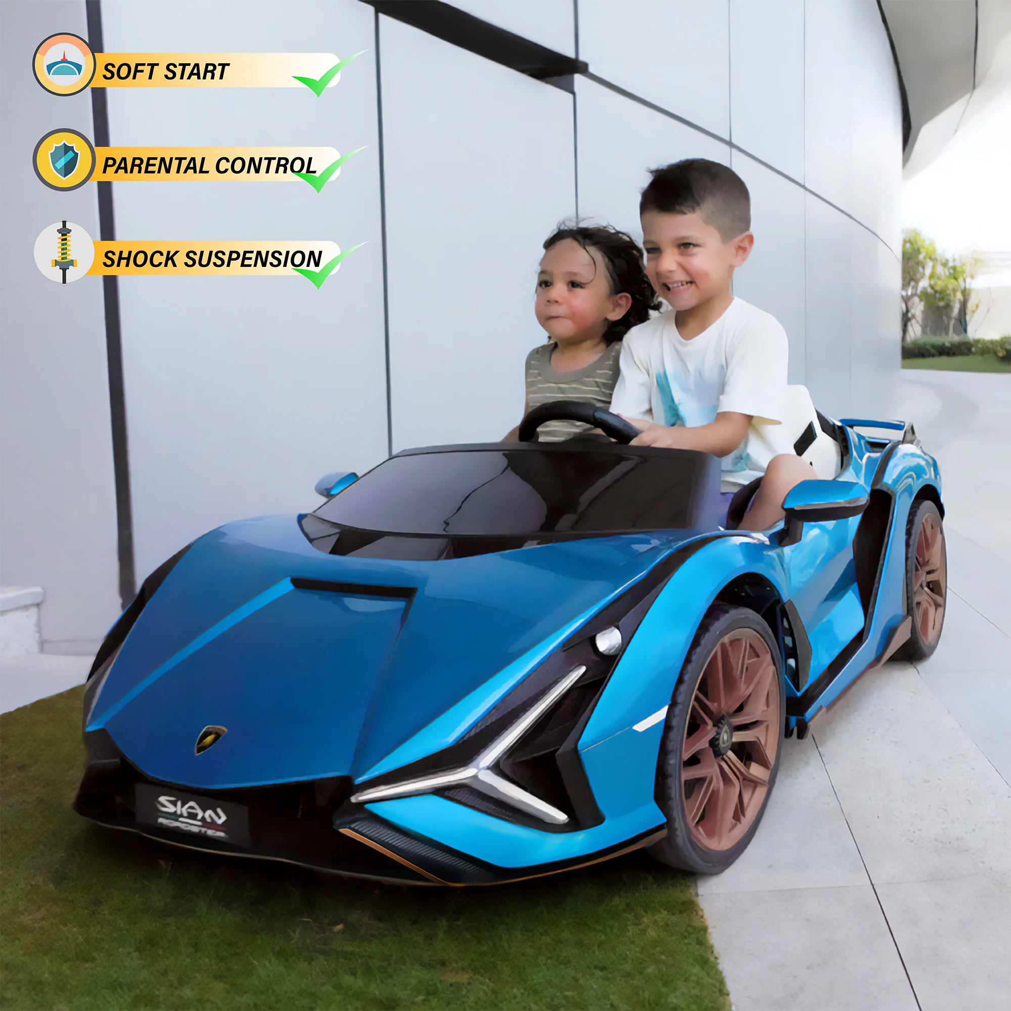 Lamborghini SIAN 24V 2 Seater Ride on Car for Kids with 4WD, Remote Control, EVA Wheels, Open Doors, Storage, Leather Seat, LED Lights & Music - Image 3