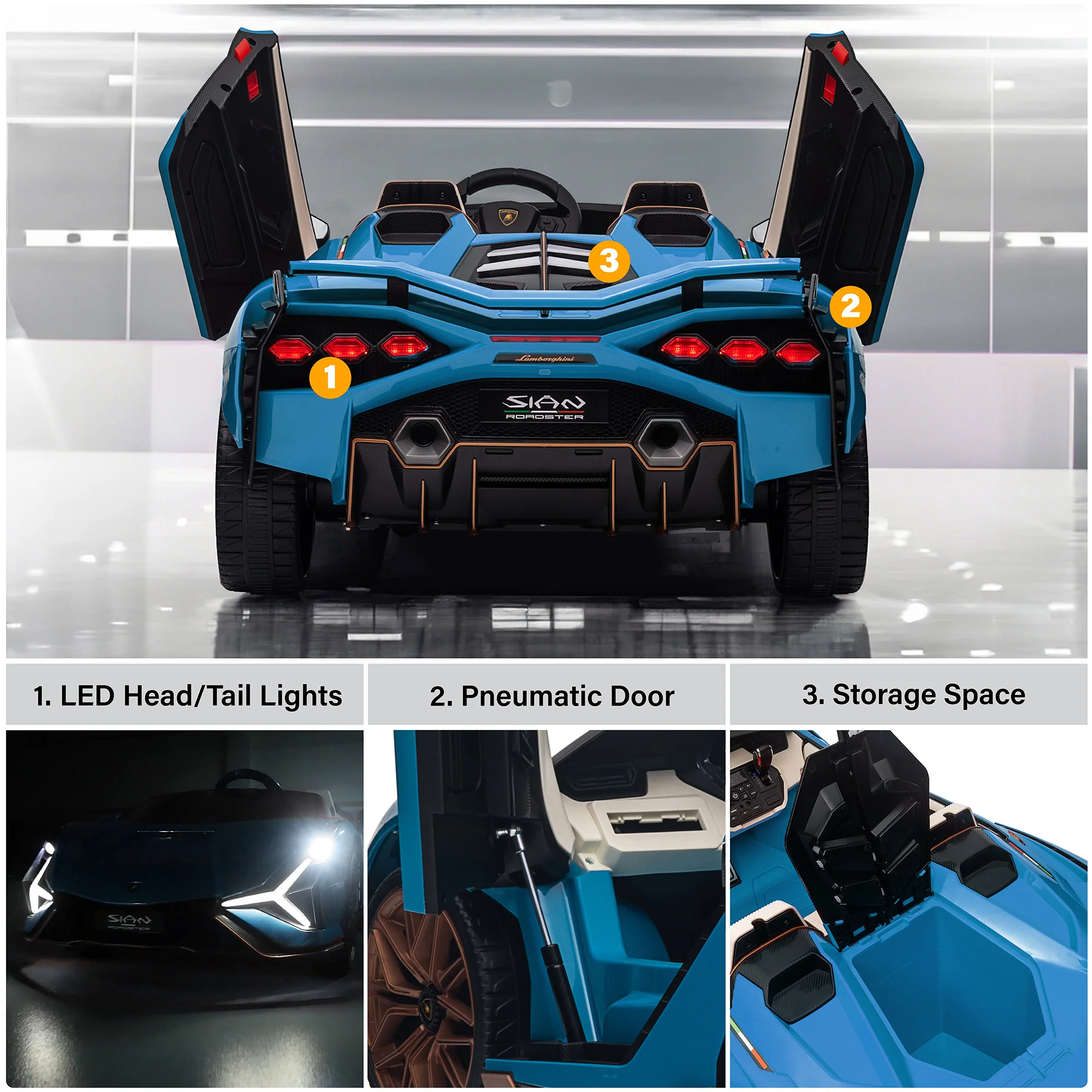 Lamborghini SIAN 24V 2 Seater Ride on Car for Kids with 4WD, Remote Control, EVA Wheels, Open Doors, Storage, Leather Seat, LED Lights & Music - Image 6