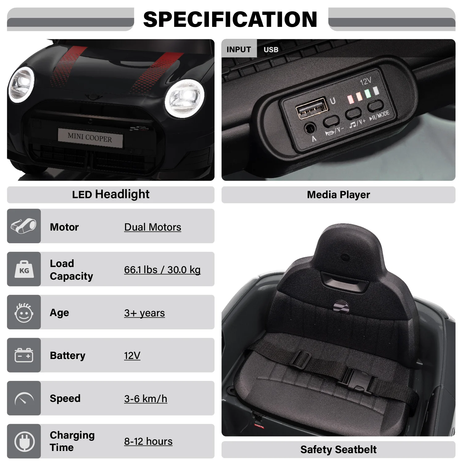 Licensed Mini Cooper Ride On Car for Kids, 12V Electric Battery Powered Vehicle with Remote Control, LED Lights, MP3 Player & Transport Wheels, Gift for Boys & Girls Ages 3+ - Image 6