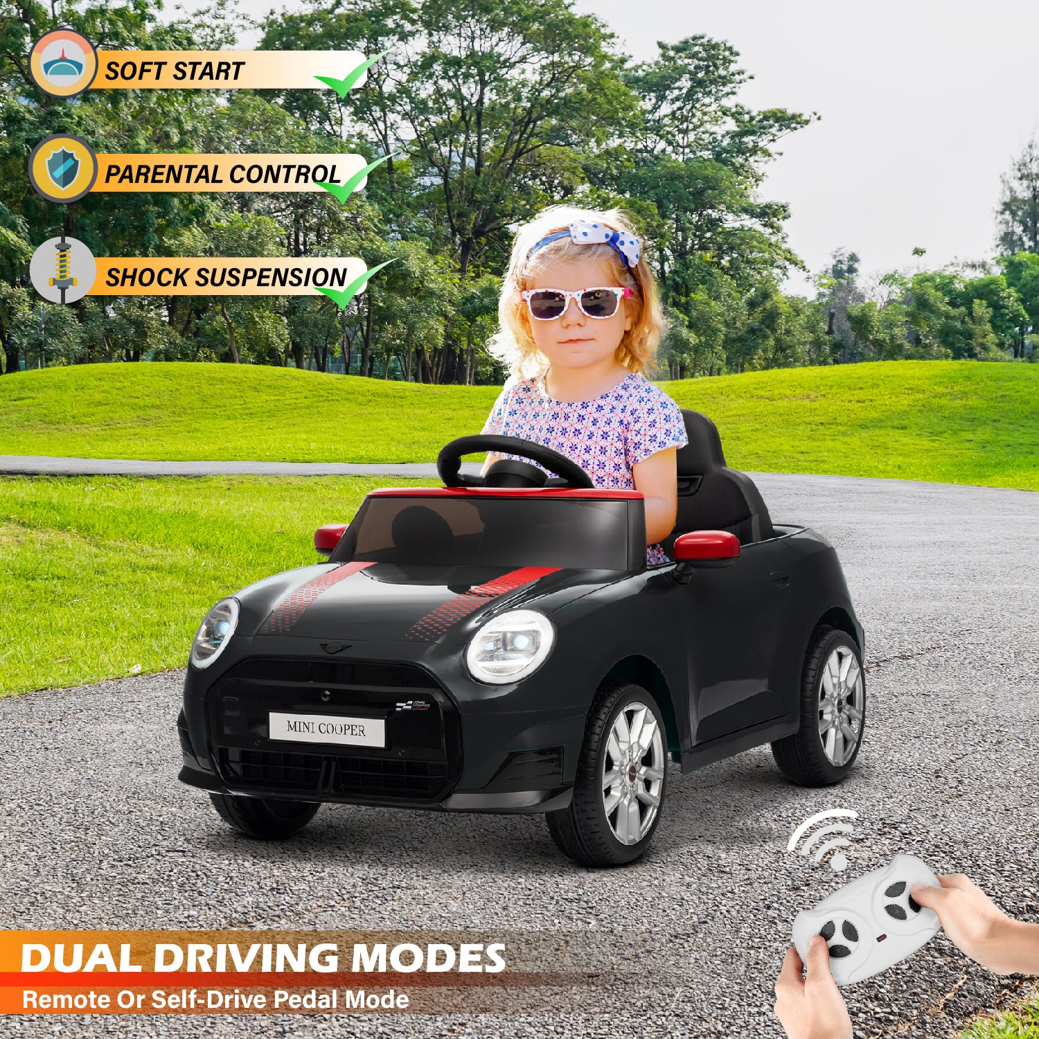 Licensed Mini Cooper Ride On Car for Kids, 12V Electric Battery Powered Vehicle with Remote Control, LED Lights, MP3 Player & Transport Wheels, Gift for Boys & Girls Ages 3+ - Image 7