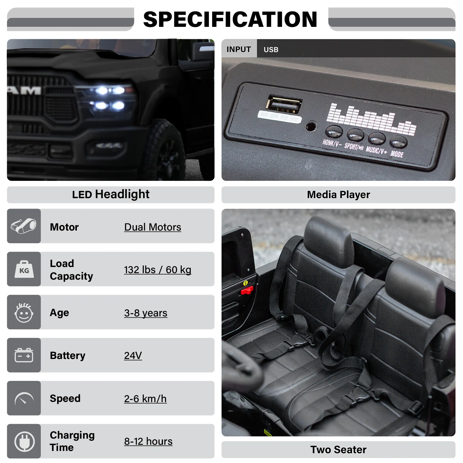 Licensed RAM 2500 24V Ride-On Truck – 2 Seater with Suspension & Dual Speed - Image 5