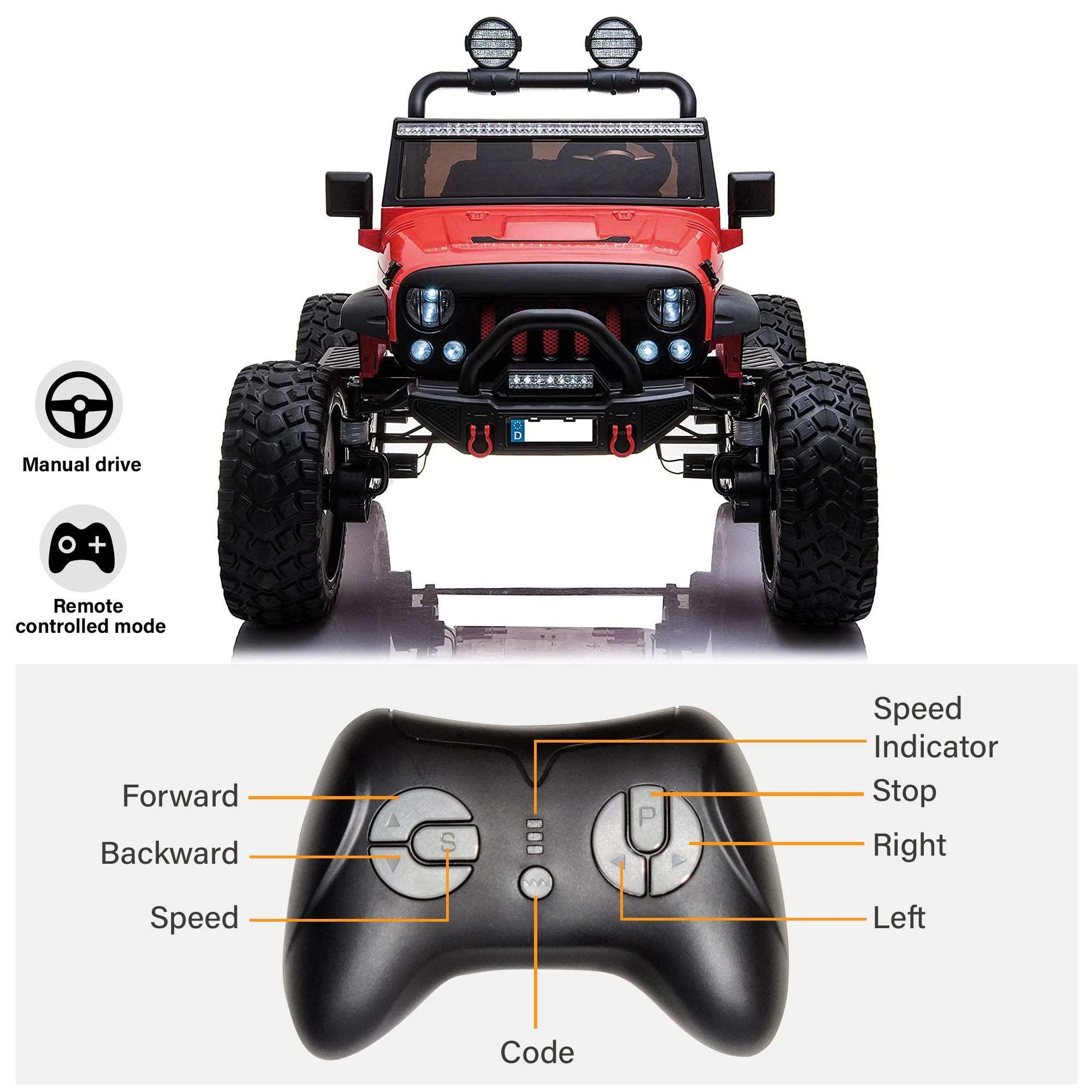 Lifted Monster Jeep 12V 2 Seater Classic Ride on Car with Remote Control, Leather Seat and EVA Tires - Image 11