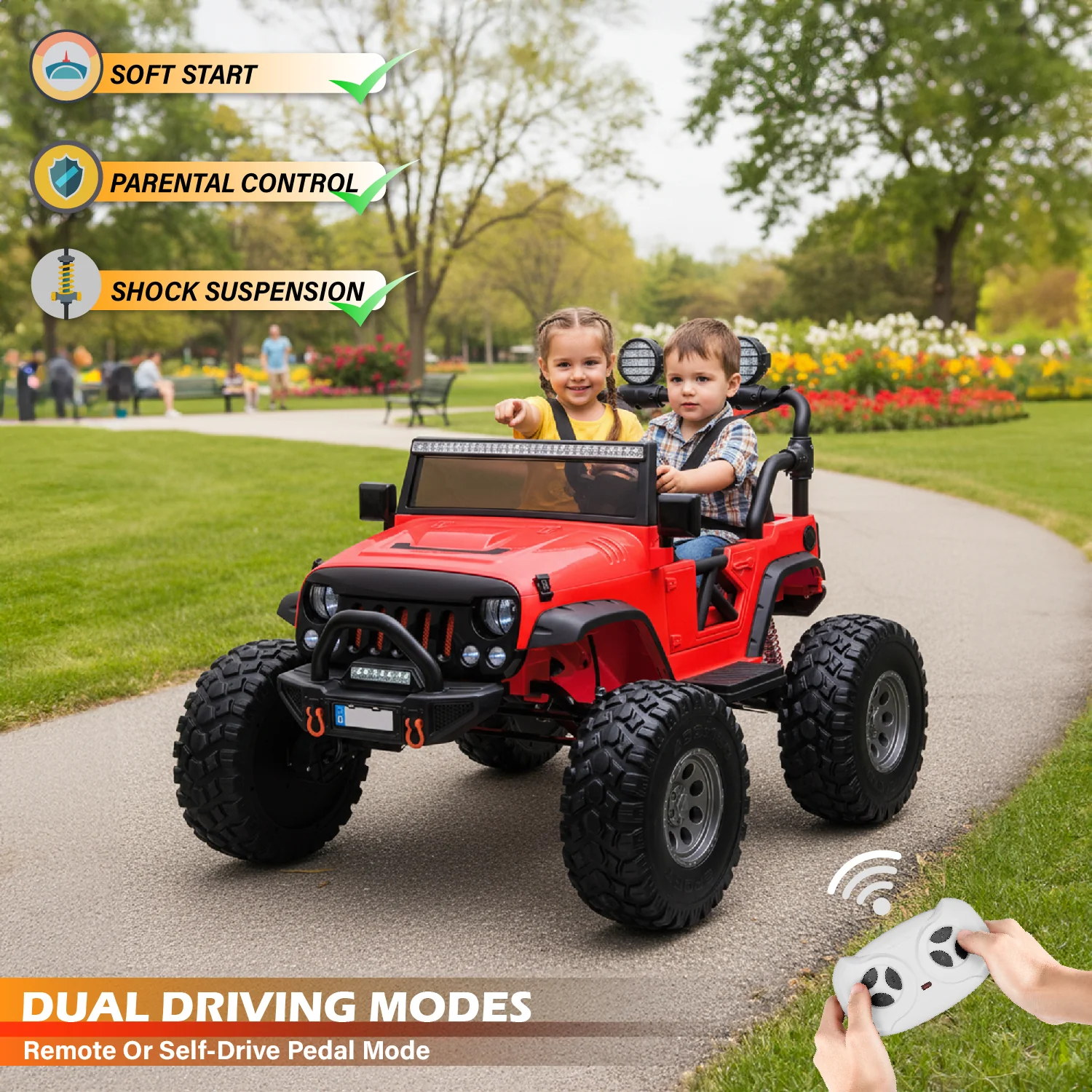 Lifted Monster Jeep 24V 2 Seater Classic Ride on Car with Remote Control, Leather Seat and EVA Tires - Image 3