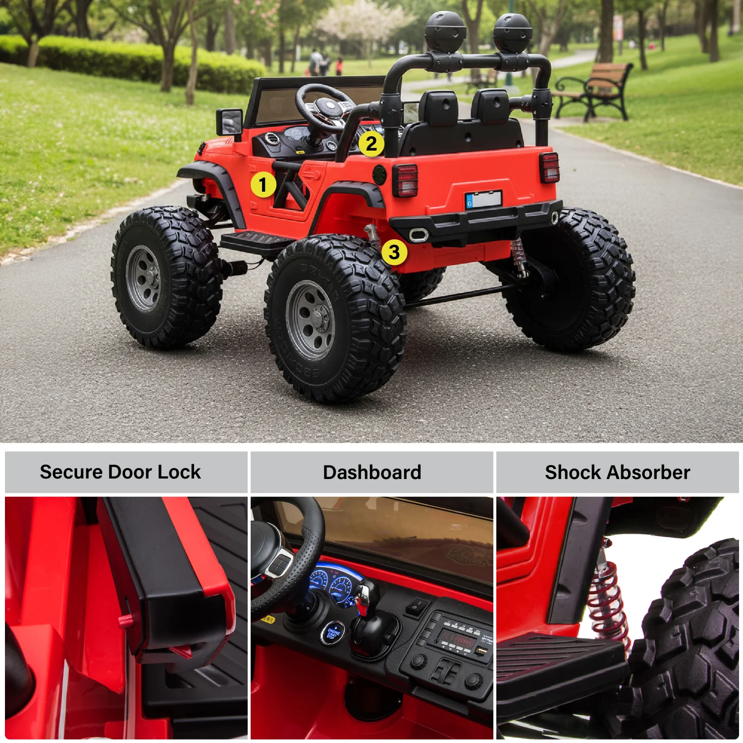 Lifted Monster Jeep 24V 2 Seater Classic Ride on Car with Remote Control, Leather Seat and EVA Tires - Image 5