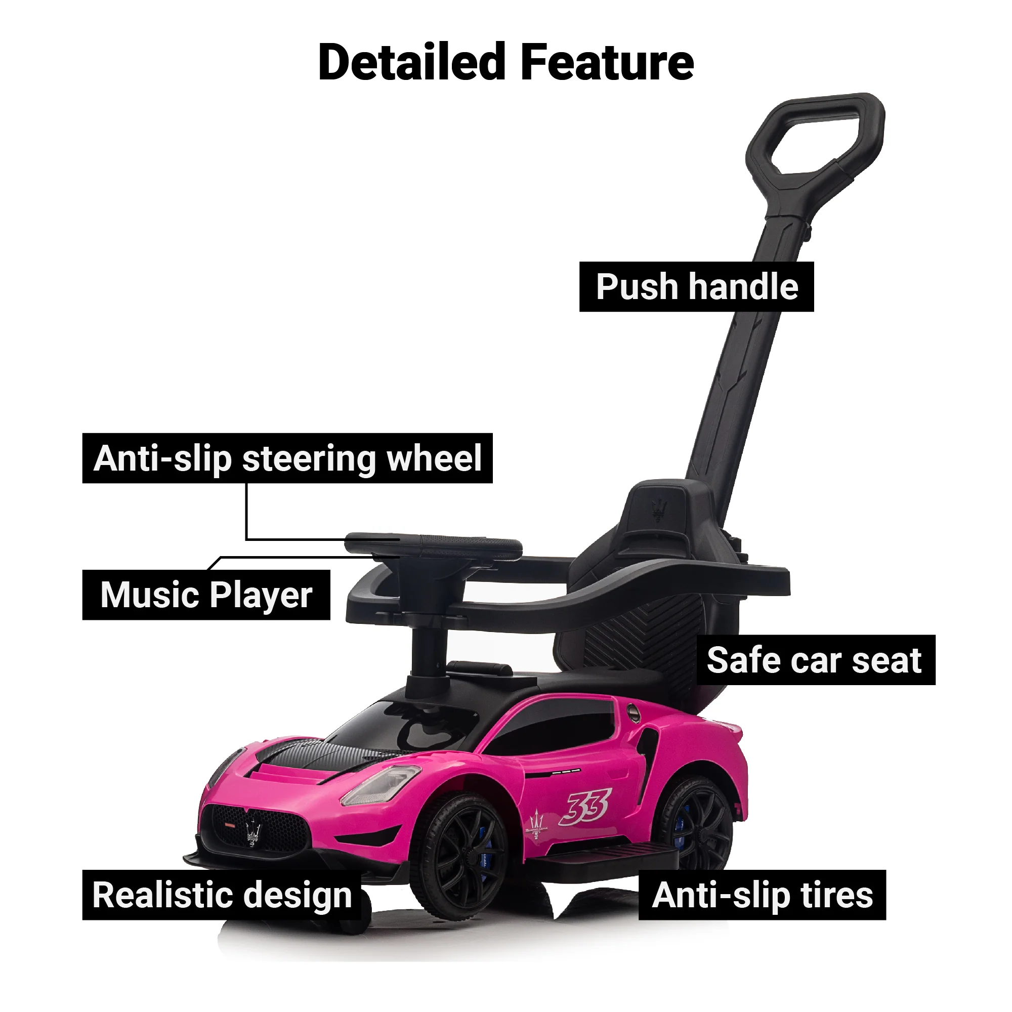 Maserati Push Car Pedal Ride On Car with Music and Lights, Licensed - Image 4