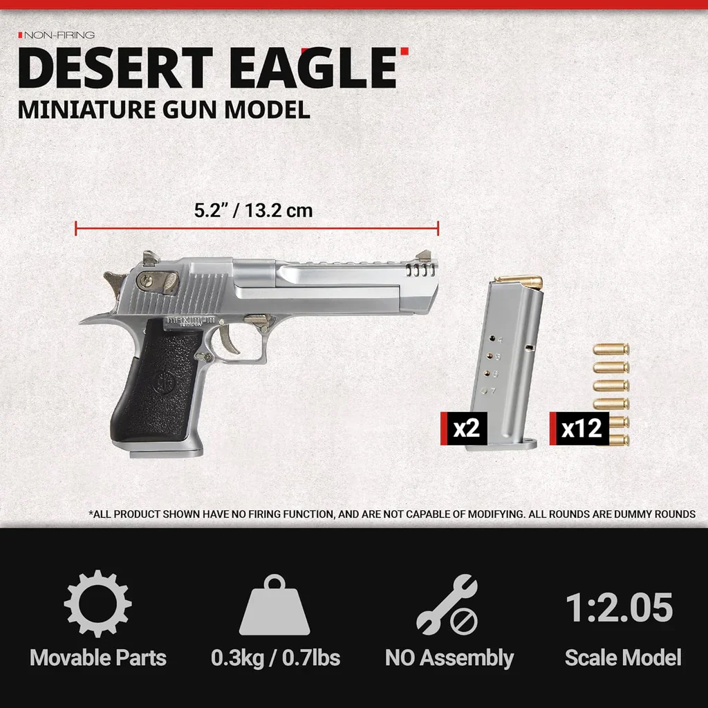 1:2.05 Scale Miniature Desert Eagle Diecast Metal Model - Silver - Image 6