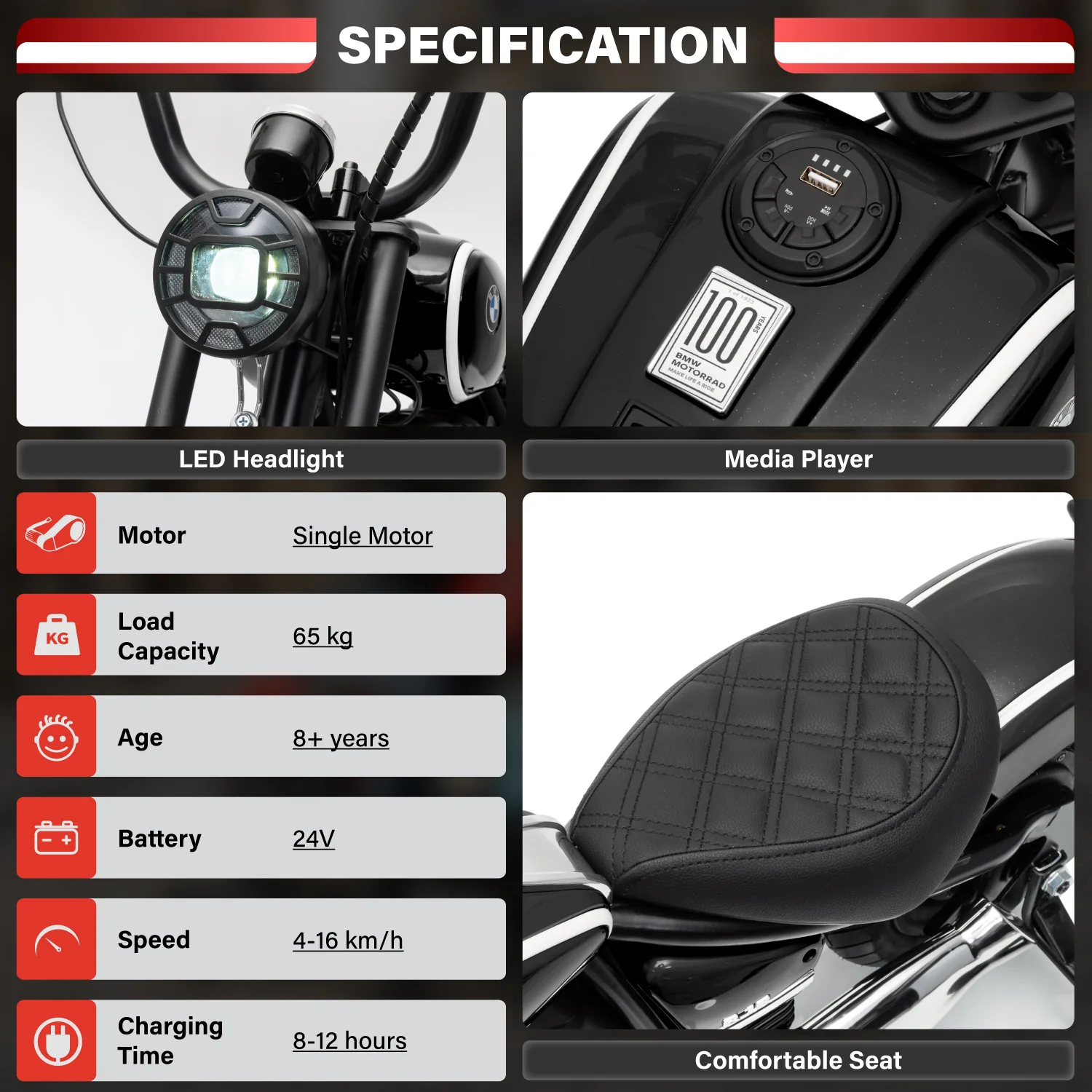 Official Licensed BMW R 18 24V Kids Ride-On Motorcycle with Auxiliary Wheels - Image 7